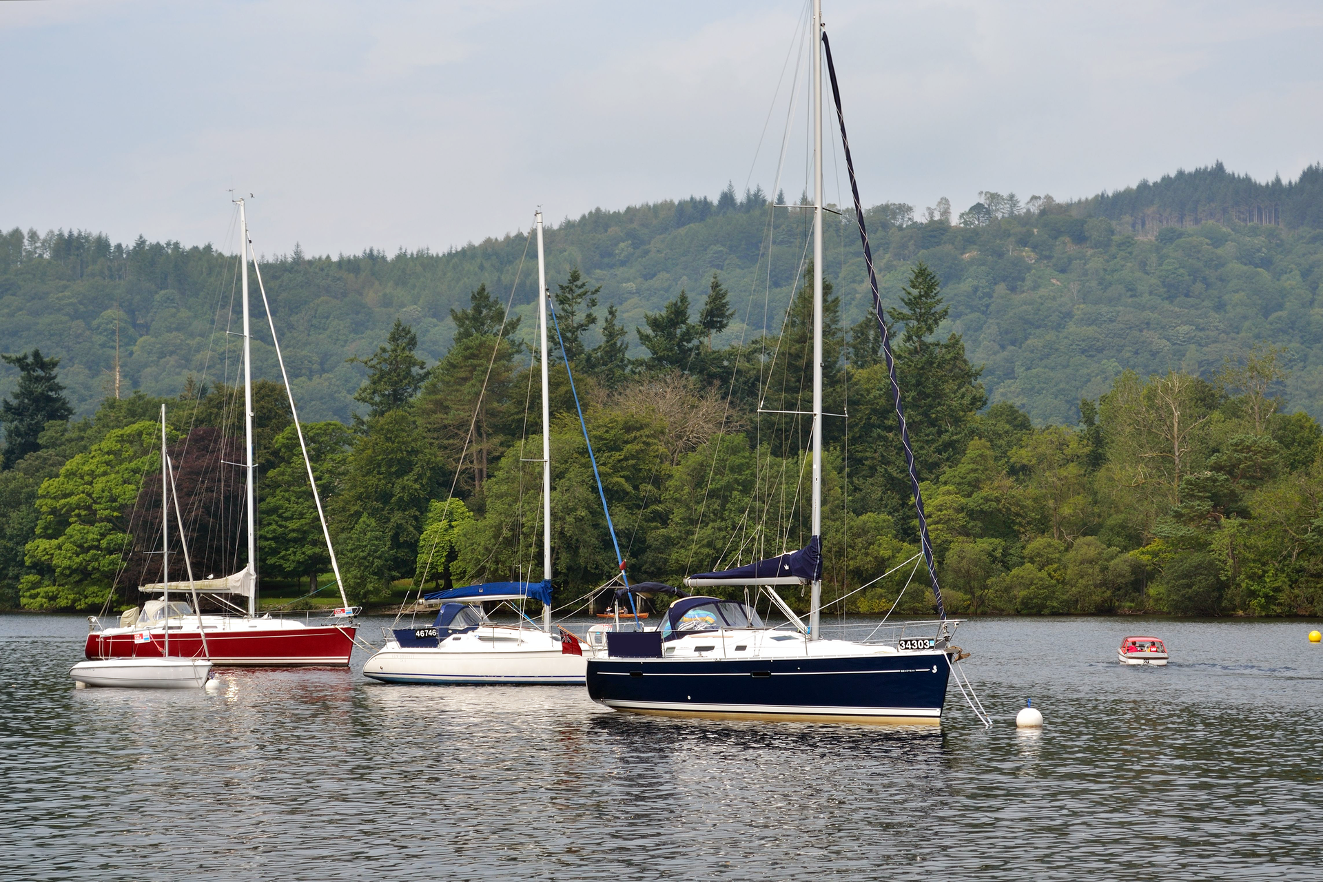 Fotografia prezentująca trzy jachty na jeziorze Mazurskim. W tle widać rosnące na brzegu drzewa. Jachty posiadają wysokie maszty z olinowaniem.