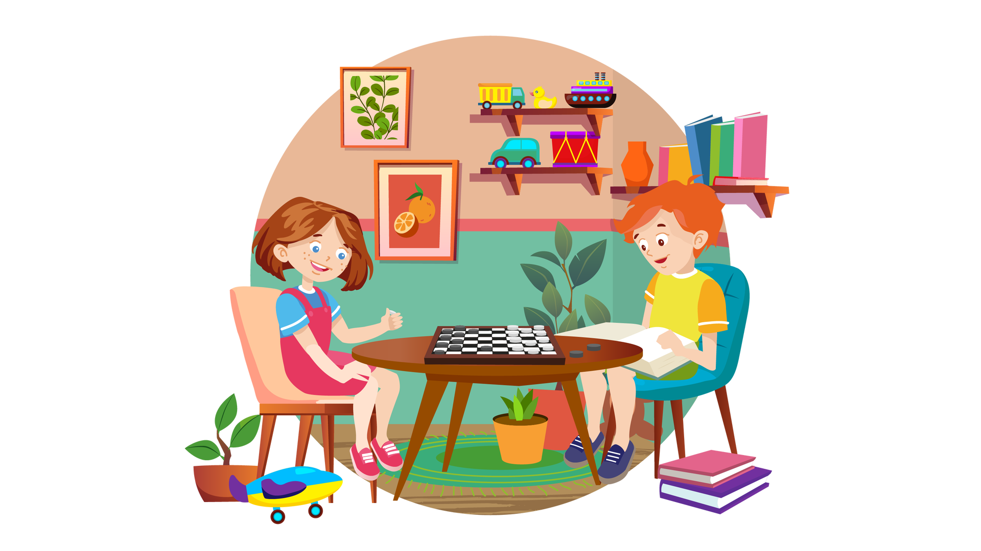 Ilustracja przedstawia pokój w domu Franka i Mai. W tle widać beżowo‑zieloną ścianę, na której po lewej stronie wiszą dwa obrazki w pomarańczowych ramkach. Pierwszy przedstawia zbliżenie na trzy gałązki z licznymi zielonymi listkami, a drugi ciemnopomarańczowe tło z pomarańczą na środku. Owoc ma na górze dwa zielone listki. Przed nim leży połowa drugiej pomarańczy. Na prawo od obrazków są zawieszone, jedna pod drugą, dwie brązowe półki. Na pierwszej półce stoi zielono‑żółta ciężarówka, żółta kaczka i duży zabawkowy statek pasażerski. Na drugiej półce stoi turkusowe auto i czerwono‑fioletowy bębenek. Na drugiej ścianie, całkiem po prawej stronie ilustracji, wisi jeszcze jedna brązowa półka. Znajduje się na niej kilka książek w kolorowych okładkach i pomarańczowy wazon. Poniżej, w kącie pokoju, siedzi na podłodze brązowy pluszowy miś. Obok niego, nieco na lewo, stoją dwie zielone rośliny w donicach – jedna w pomarańczowej, a druga w ciemnopomarańczowej. W lewym dolnym rogu ilustracji widać na podłodze kolejną zieloną roślinę, w brązowej donicy, oraz niebiesko‑żółto‑fioletowy samolot. W prawym dolnym rogu ilustracji są ułożone na podłodze, jedna na drugiej, dwie książki. Pierwsza ma różową okładkę, a druga ciemnofioletową. Na środku leży okrągły zielony dywan z frędzlami, na którym stoi okrągły brązowy stół. Na stole leży biało‑czarna plansza do gry w warcaby. Po lewej stronie są ustawione czarne pionki, a po prawej białe. Dwa zbite w grze czarne pionki leżą po prawej stronie stołu. Po bokach stołu stoją dwa krzesła. Na beżowym krześle, znajdującym się po lewej stronie, siedzi uśmiechnięta Maja. Patrzy na biały pionek, który trzyma w lewej dłoni. Na ciemnoturkusowym krześle, znajdującym się po prawej stronie, siedzi uśmiechnięty Franek. Czyta książkę rozłożoną na jego kolanach.