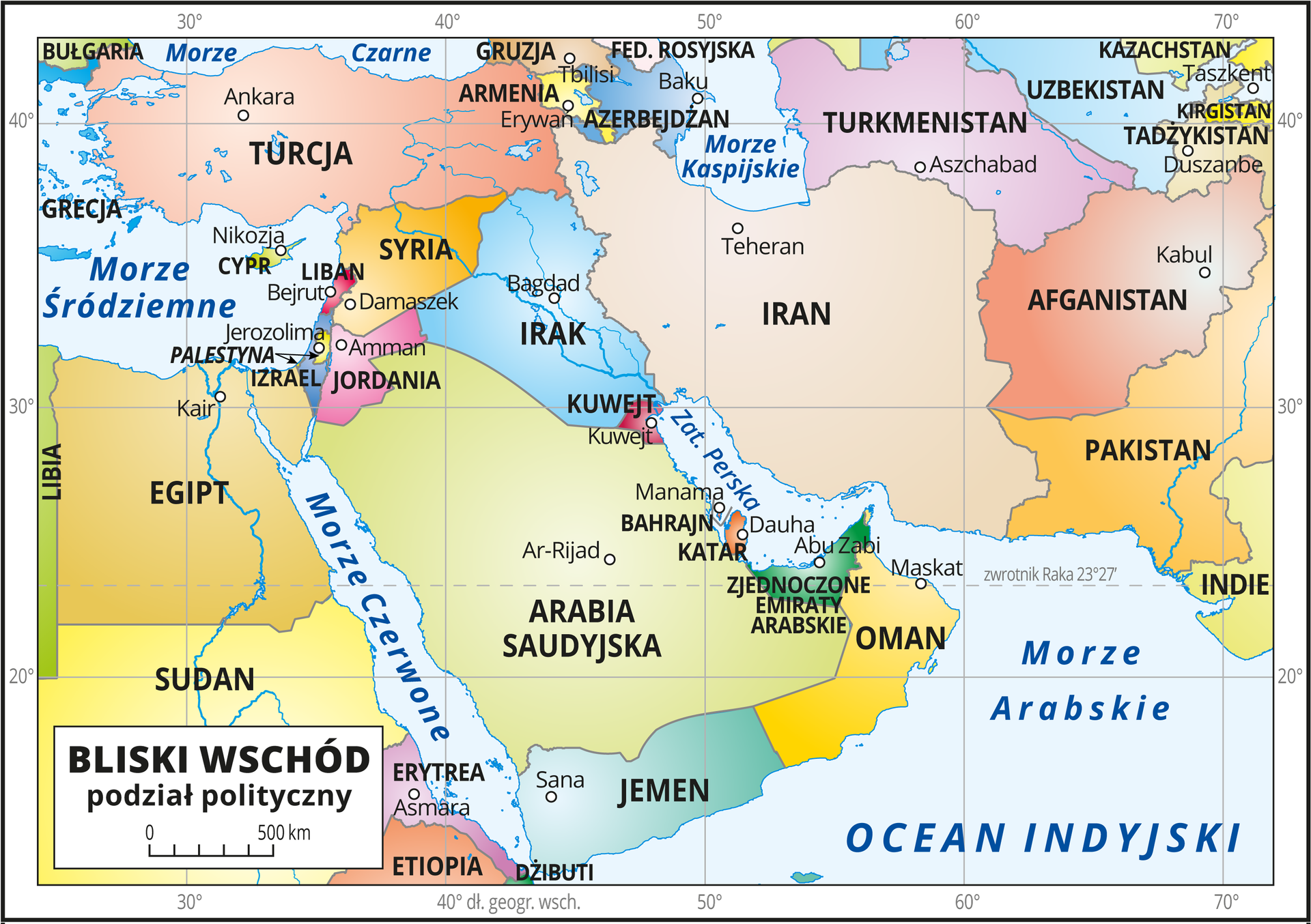 Ilustracja przedstawia mapę polityczną obszarów Bliskiego Wschodu. Państwa wyróżnione kolorami i opisane. Oznaczono i opisano stolice. Morza i oceany zaznaczono kolorem niebieskim i opisano. Mapa pokryta jest równoleżnikami i południkami. Dookoła mapy w białej ramce opisano południki i równoleżniki co dziesięć stopni. Bliski Wschód to państwa położone w południowo‑zachodniej Azji: Turcja, Syria, Liban, Irak, Iran, Palestyna, Jordania, Izrael, Kuwejt, Arabia Saudyjska, Bahrajn, Katar, Zjednoczone Emiraty Arabskie, Oman, Jemen oraz położony w Afryce Egipt. Na mapie zastosowano podziałkę liniową od zera do pięciuset kilometrów co sto kilometrów.