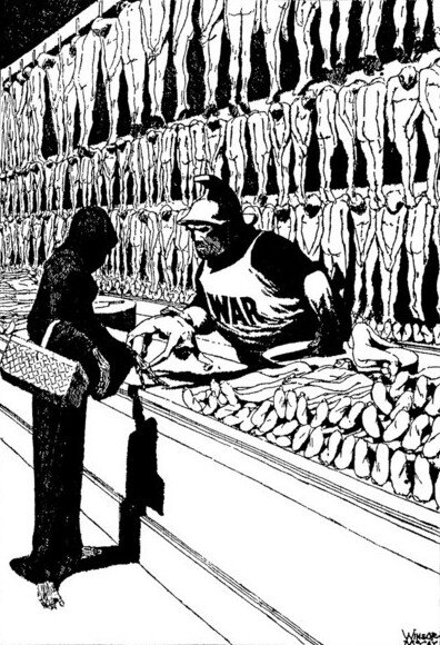 Na ilustracji sklep, w którym sprzedaje postać ubrana w koszulkę z napisem War (wojna). Jedynym towarem w  sklepie są ludzkie ciała wiszące na hakach oraz leżące na sklepowym blacie. W sklepie kupuje postać z koszykiem, to śmierć, która odbiera od sprzedającego ludzkie ciało. 