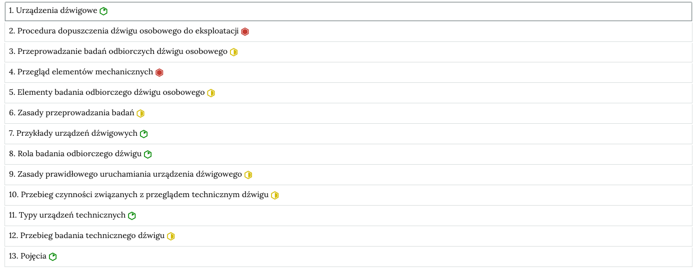 Grafika przedstawia przykładowy wygląd zakładek zawierających interaktywne materiały sprawdzające. Obok treści widoczne oznaczenia poziomu trudności zadania w postaci sześciokątów. Zielony, środek  ikonki jest biały z jednym fragmentem zielonym. Fragment jest trójkątny i jego podstawę tworzy jeden bok sześciokąta. Druga ikonka jest żółta. Jej jedna połowa jest biała, a druga żółta. Trzecia ikona jest czerwona. Cały jej środek jest czerwony.