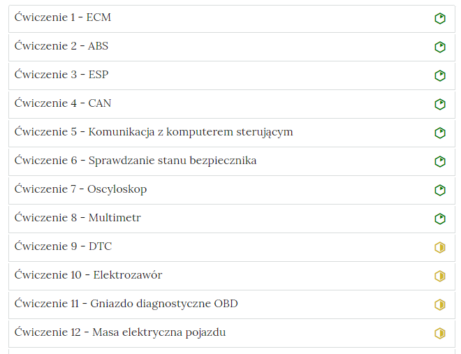Zdjęcie przedstawia przykładowy wygląd zakładek zawierających interaktywne materiały sprawdzające. Składają się one z prostokątnych paneli umieszczonych jeden pod drugim. Każdy panel posiada numer oraz tytuł, który nawiązuje do zawartego w nim zadania.