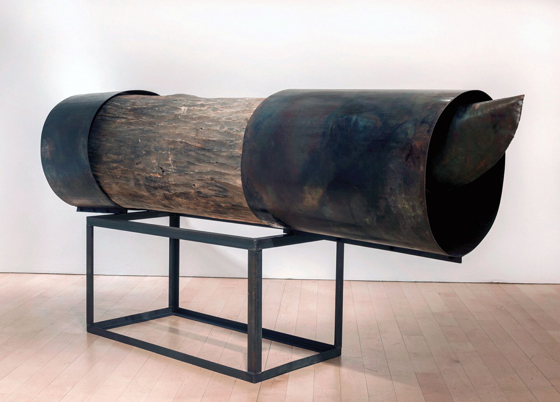 Praca przedstawia gruby pieniek, na którego końcach umiejscowione zostały metalowe końcówki. Instalacja znajduje się na metalowym podeście.