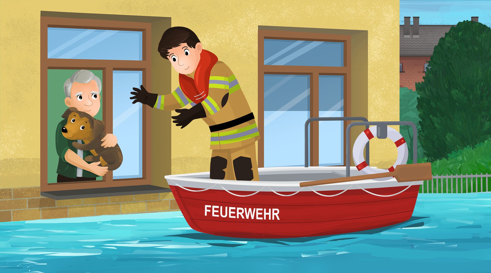 Ilustracja przedstawia strażaka w łódce. Sięga on do okna zalanego domu, którego właściciel podaje strażakowi psa.