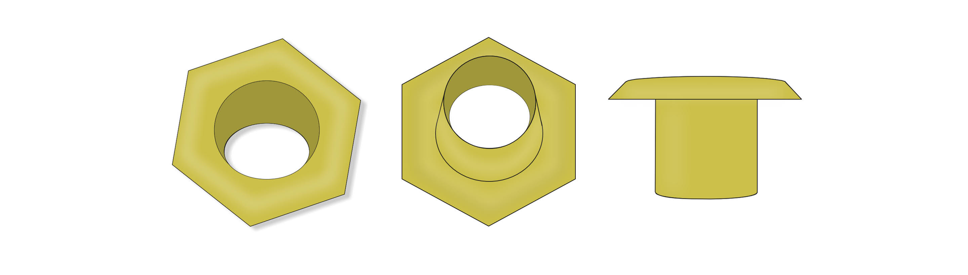 Grafika pod tytułem: Krążki. Grafika przedstawia metalowy element z góry, dołu i boku. Element ten składa się z sześciokątnej, płaskiej główki i cylindrycznej, pustej w środku nóżki.