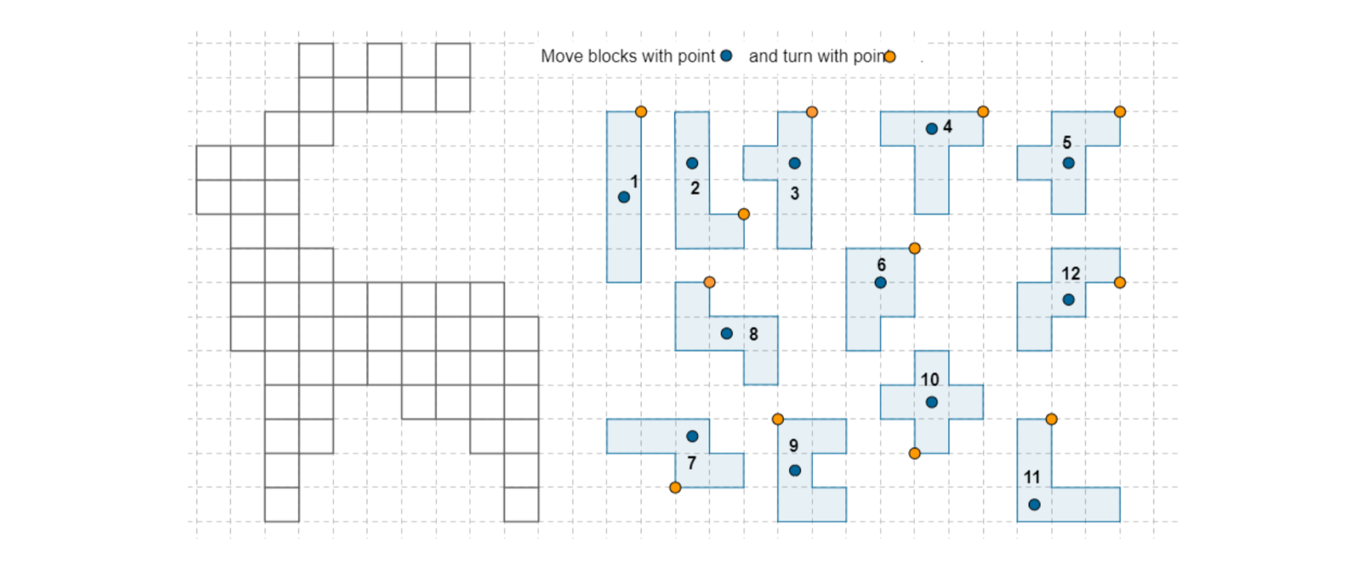 Po lewej stronie rysunku jest ilustracja jelenia skladająca się z 60 kwadratów, po prawej stronie jest 12 wielokątów, złożonych z pięciu jednakowych kwadratów.