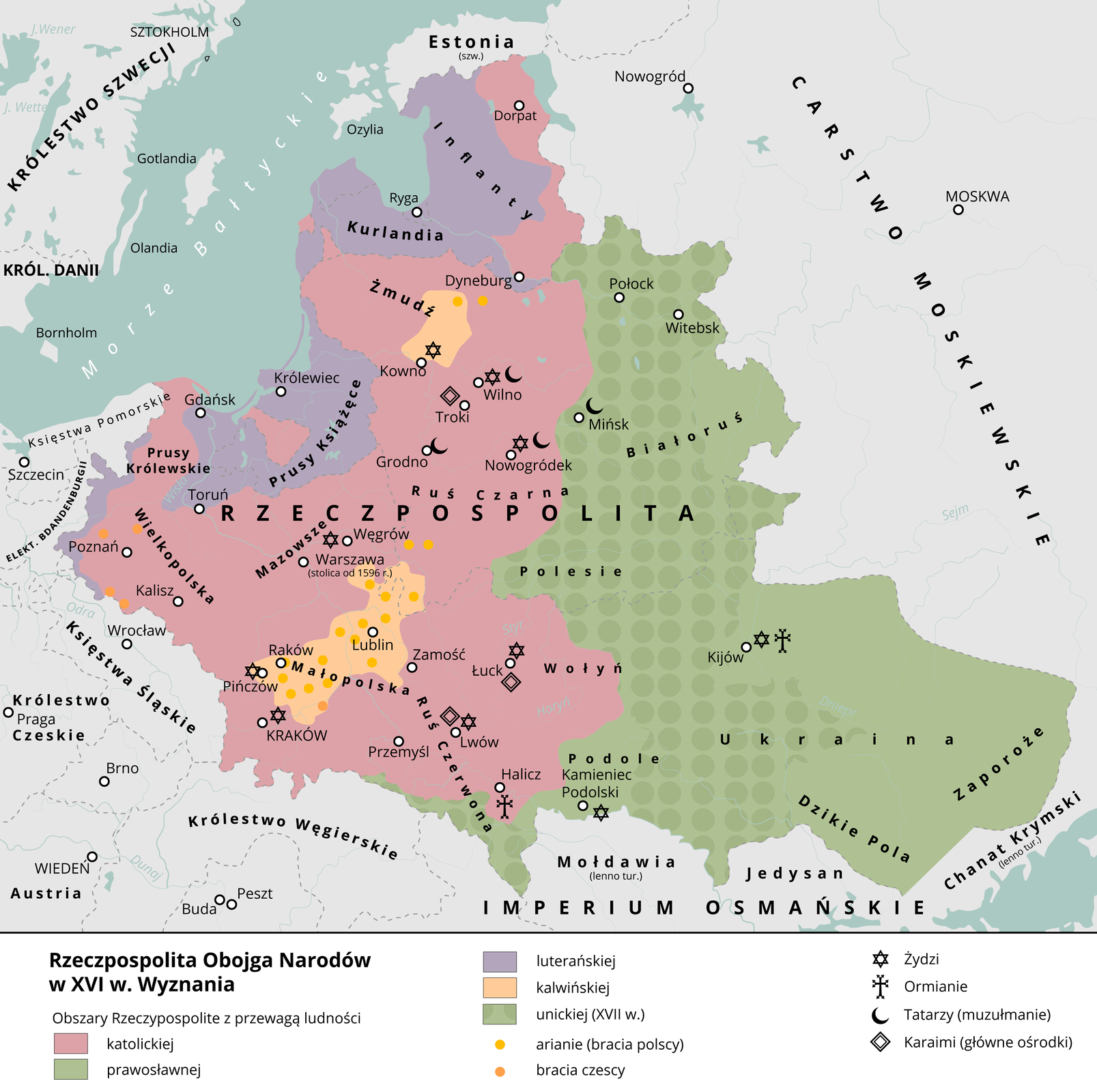 Mapa przedstawia wyznania mieszkańców Rzeczpospolitej Obojga Narodów w szesnastym wieku.  Obszary Rzeczpospolitej z przewagą ludności katolickiej obejmowały Prusy Królewskie, Wielkopolskę, Mazowsze, Ruś Czerwoną, Wołyń, Ruś Czarną, Żmudź. Obszary Rzeczpospolitej z przewagą ludności prawosławnej obejmowały tereny Białorusi, Dzikich Pól, Zaporoża. Obszary Rzeczpospolitej z przewagą ludności luterańskiej obejmowały tereny Prus Książęcych, Kurlandii, Inflantów. Obszary Rzeczpospolitej z przewagą ludności unickiej obejmowały tereny Podola, Polesia, Białorusi. Arianie, bracia polscy zamieszkiwali tereny Małopolski wokół miast Lublin, Raków, Pińczów i niewielki obszar Żmudzi. Bracia Czescy zamieszkiwali tereny wokół miast Poznań i Kalisz oraz niedaleko Krakowa. Na mapie oznaczono miejsca zamieszkiwane przez Żydów: Kijów, Kamieniec Podolski, Lwów, Łuck, Kraków, Pińczów, Warszawa, Nowogródek, Wilno. Na mapie oznaczono miejsca zamieszkiwane przez Ormian: Kijów, Halicz. Tatarzy, muzułmanie zamieszkiwali tereny wokół Grodna, Wilna, Nowogródka. Karaimi, główne ośrodki to Lwów, Łuck, Troki.