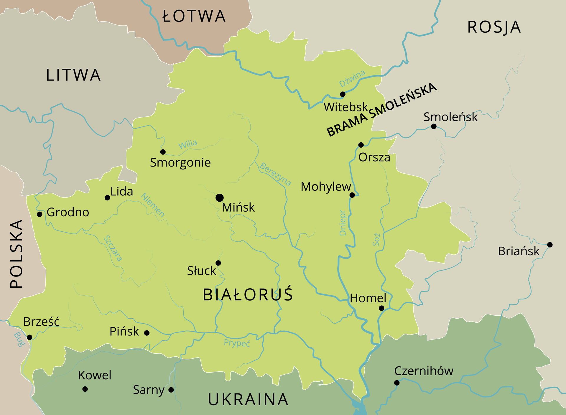 Mapa przedstawia Europę Wschodnią. Na środku zaznaczone są państwa Białoruś i Rosja. Między Białorusią a Rosją znajduje się napis Brama Smoleńska. Po stronie rosyjskiej jest zaznaczone miasto Smoleńsk. Przepływa przez nie rzeka Dniepr, która przepływa również przez Białoruś. Na północy Białorusi płynie rzeka Dźwina, która przebiega także przez Łotwę i Rosję.
