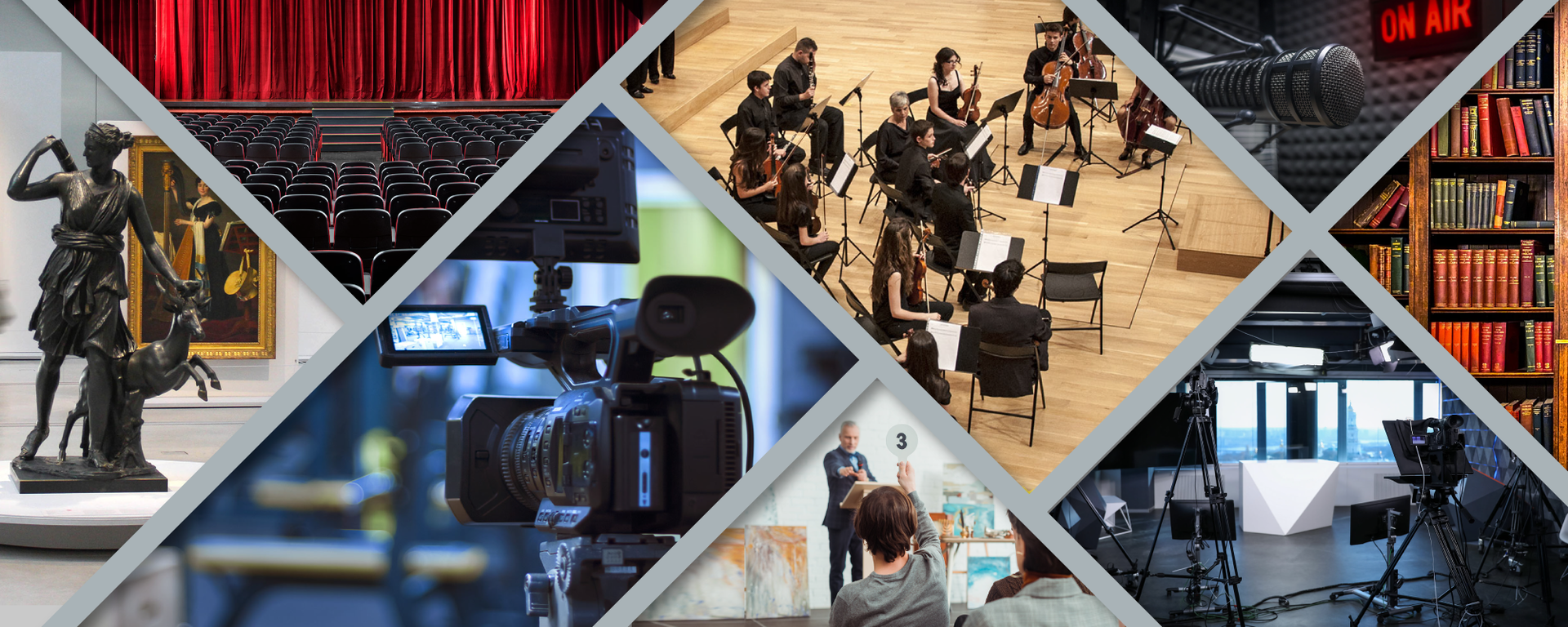 Kolaż zdjęć ukazujący różne instytucje kultury. Pierwsze zdjęcie, po lewej stronie przedstawia rzeźbę kobiety, która lewą ręką trzyma głowę sarny. W tle znajduje się obraz w złotej ramie. Zdjęcie zrobione jest w galerii sztuki. Kolejna fotografia przedstawia widownię teatru, gdzie znajduje się wiele foteli. Na kolejnym zdjęciu przedstawiono czarną kamerę. Po prawej stronie kolażu ukazane jest zdjęcie orkiestry symfonicznej. Na fotografii znajdują się muzycy z instrumentami oraz pulpitami z nutami. Poniżej, na kolejnym zdjęciu przedstawieni są mężczyźni na aukcji sztuki. Jeden stoi z mikrofonem na cenie, drugi na widowni podnosi tabliczkę z numerem 3. Kolejna fotografia przedstawia studio nagrań. Na pierwszym planie znajduje się fragment czarnego mikrofonu, a w tle, na ścianie widnieje czerwony napis: „on air” [czytaj: on er]. Poniżej znajduje się fotografia, przedstawiająca studio fotograficzne. Na pierwszym planie znajdują się czarne lampy oraz sprzęt fotograficzny. W oddali znajduje się okno. Po prawej stronie kolażu, znajduje się ostatnie zdjęcie przedstawiające regał z półkami, na których są książki.  