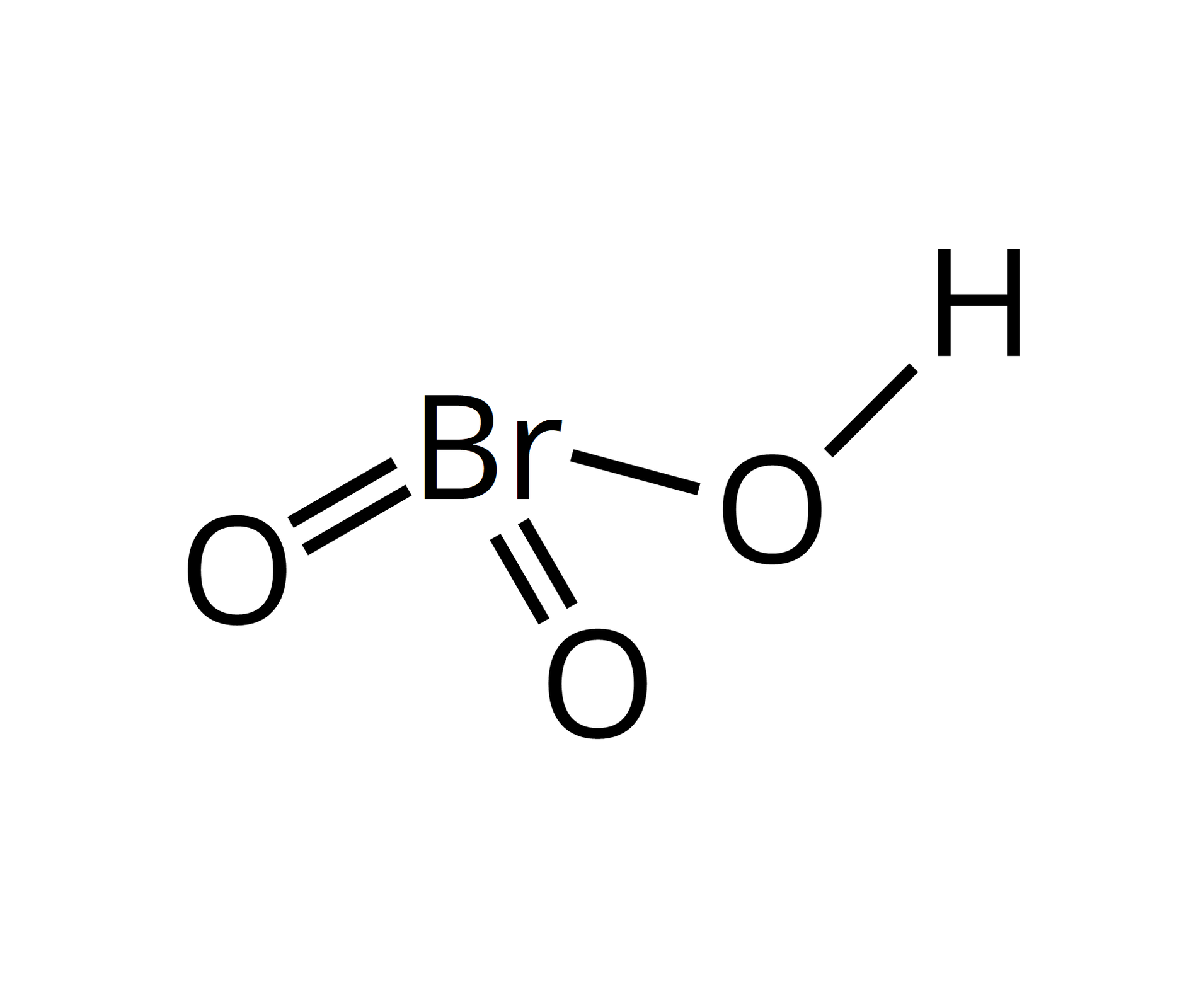 Ilustracja przedstawia wzór: atom bromu łączy się wiązaniami podwójnymi z dwoma atomami tlenu oraz wiązaniem pojedynczym z atomem tlenu połączonym z atomem wodoru. 