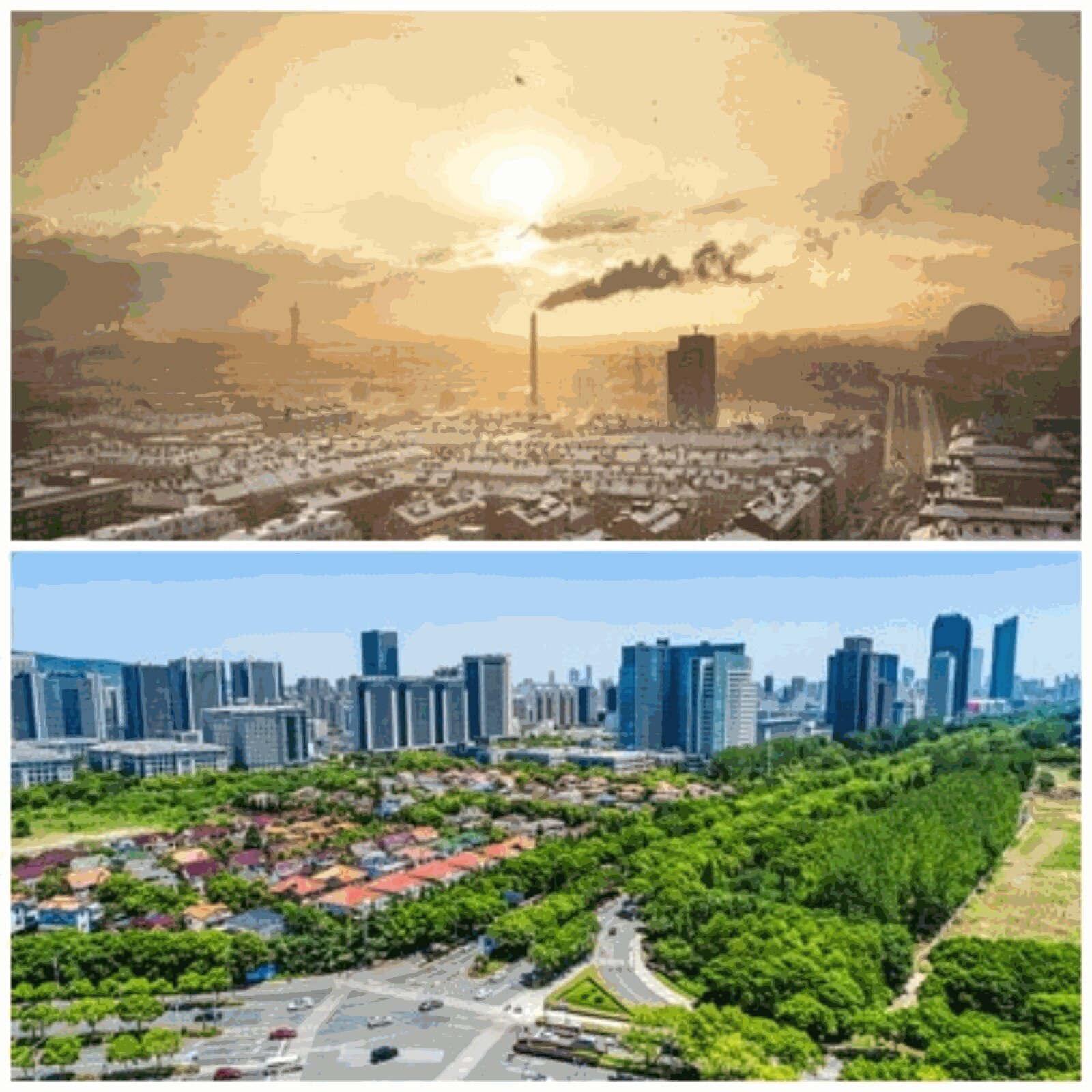 Pierwsza ilustracja przedstawia panoramę miasta, gdzie nad dachami domów unoszą się kłęby dymu. Dominuje jednolity szaro brązowy kolor. Druga ilustracja przedstawia panoramę miasta, gdzie między domami i blokami mieszkalnymi znajdują się tereny zielone, pokryte bujną roślinnością. Niebo nad miastem jest błękitne. 