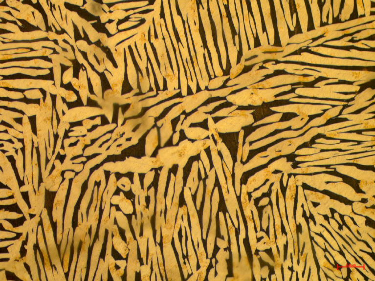 Mikrostruktura mosiądzu CuZn40
Jasne ziarna miedzi na tle ciemnej osnowy cynkowej - powiększenie 20x