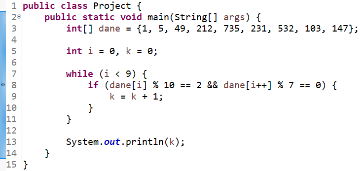 Ilustracja przedstawia poprawnie utworzony breakpoint w środowisku Eclipse Przy linii ósmej po lewej stronie znajduje się kropka informująca o breakbointcie.  W linii ósmej znajduje się funkcja warunkowa if, a w linii siódmej pętla while.