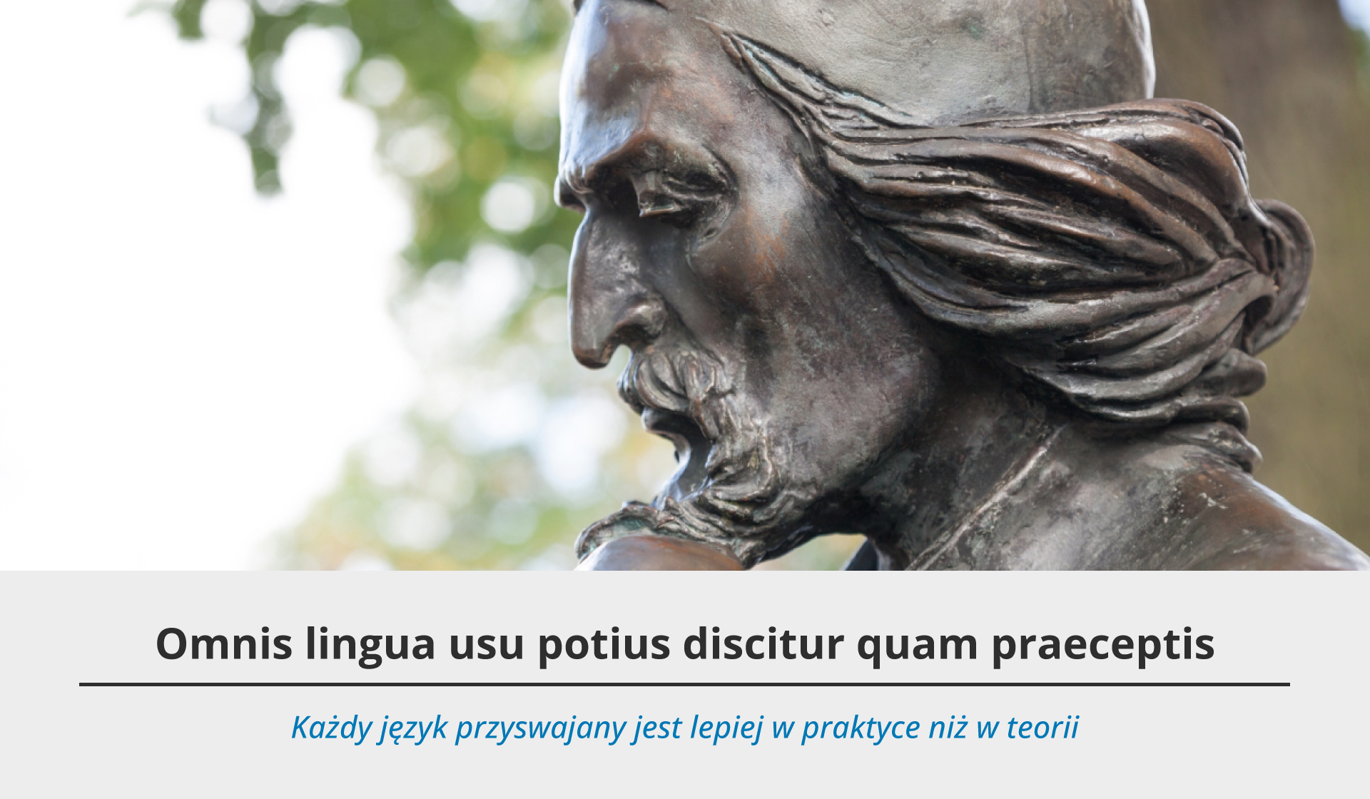 Fotografia przedstawia fragment popiersia będącego portretem Jana Komeńskiego, który został ukazany jako mężczyzna w podeszłym wieku o długich falowanych włosach i bujnym zaroście. Mężczyzna spogląda ze spokojem w dół. Oczy ma lekko zmróżone. Dłoń opiera o brodę. W tle drzewo oraz liście. Pod ilustracją szare tło, a na nim dwa teksty – jeden czarny w języku łacińskim oraz niebieski w języku polskim. Tekst po łacinie brzmi: Omnis lingua usu potius discitur quam praeceptis. Pod spodem tłumaczenie w języku polskim: Każdy język przyswajany jest lepiej w praktyce niż w teorii.