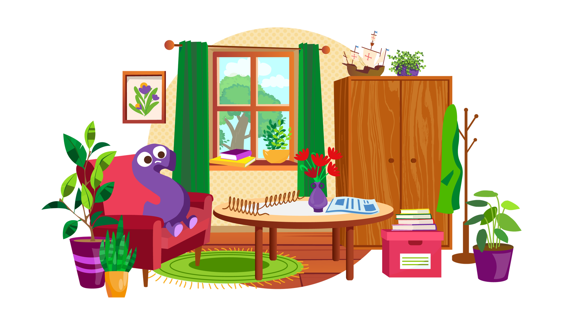 Ilustracja przedstawia pomieszczenie w domu. W tle widać beżową ścianę z brązowym oknem, za którym jest błękitne niebo z jasnymi chmurami i duże drzewo liściaste. Na brązowym parapecie pod oknem są dwie książki ułożone jedna na drugiej. Obok nich stoi zielona roślina w pomarańczowej donicy. Po lewej stronie wisi na ścianie obrazek w brązowej ramce, przedstawiający fioletowo‑pomarańczowe kwiaty z zielonymi łodygami, a po prawej stoi brązowa szafa z podwójnymi drzwiami. Na szafie stoi model statku z czerwonym krzyżem na każdym z trzech żagli oraz trzema masztami, do których przymocowano po jednej niebieskiej chorągiewce. Obok statku jest zielona roślina o drobnych listkach w fioletowej donicy. Na środku brązowej podłogi leży okrągły zielony dywan z pomarańczowymi frędzlami. Po lewej stronie stoi ciemnoróżowy fotel, na którym siedzi fioletowa litera „S” ze smutnym wyrazem twarzy. Obok fotela widać na podłodze dwie zielone rośliny – jedna jest w fioletowej donicy, a druga w pomarańczowej. Dalej na prawo stoi okrągły brązowy stół z jasnobrązowo‑białym blatem. Na blacie leżą dwie ciemnobrązowe sprężyny i gazeta, a pomiędzy nimi stoją czerwone kwiaty w fioletowym wazonie. Przy stole jest ustawione na podłodze ciemnoróżowe pudełko z pokrywką, na której leży stos czterech książek. Po prawej stronie ilustracji stoi brązowy wieszak na odzież z okrągłą podstawą i trzema haczykami. Na jednym z haczyków wisi zielony płaszcz. Obok wieszaka jest zielona roślina w ciemnofioletowej donicy.