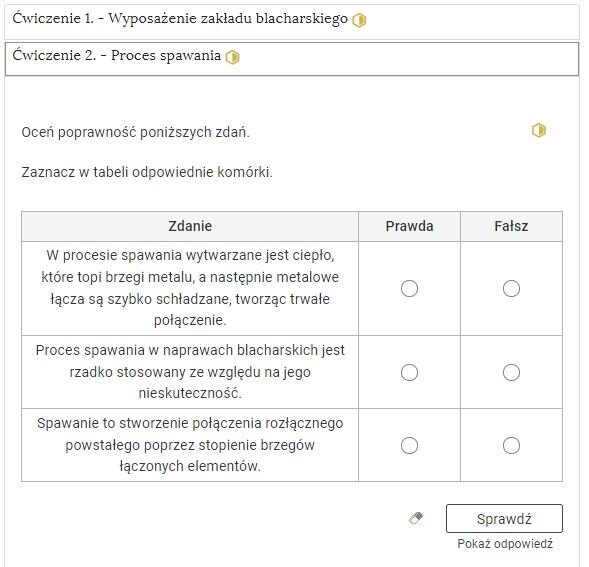 Na grafice przedstawiono przykładowe ćwiczenie w interaktywnych materiałach sprawdzających. Jest to ćwiczenie typu prawda/fałsz.