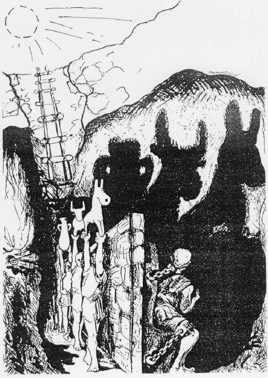 Ilustracja przedstawia odbite na ścianie cienie figurek, które trzymają ludzie za murem. Cienie obserwuje człowiek przykuty do ściany.