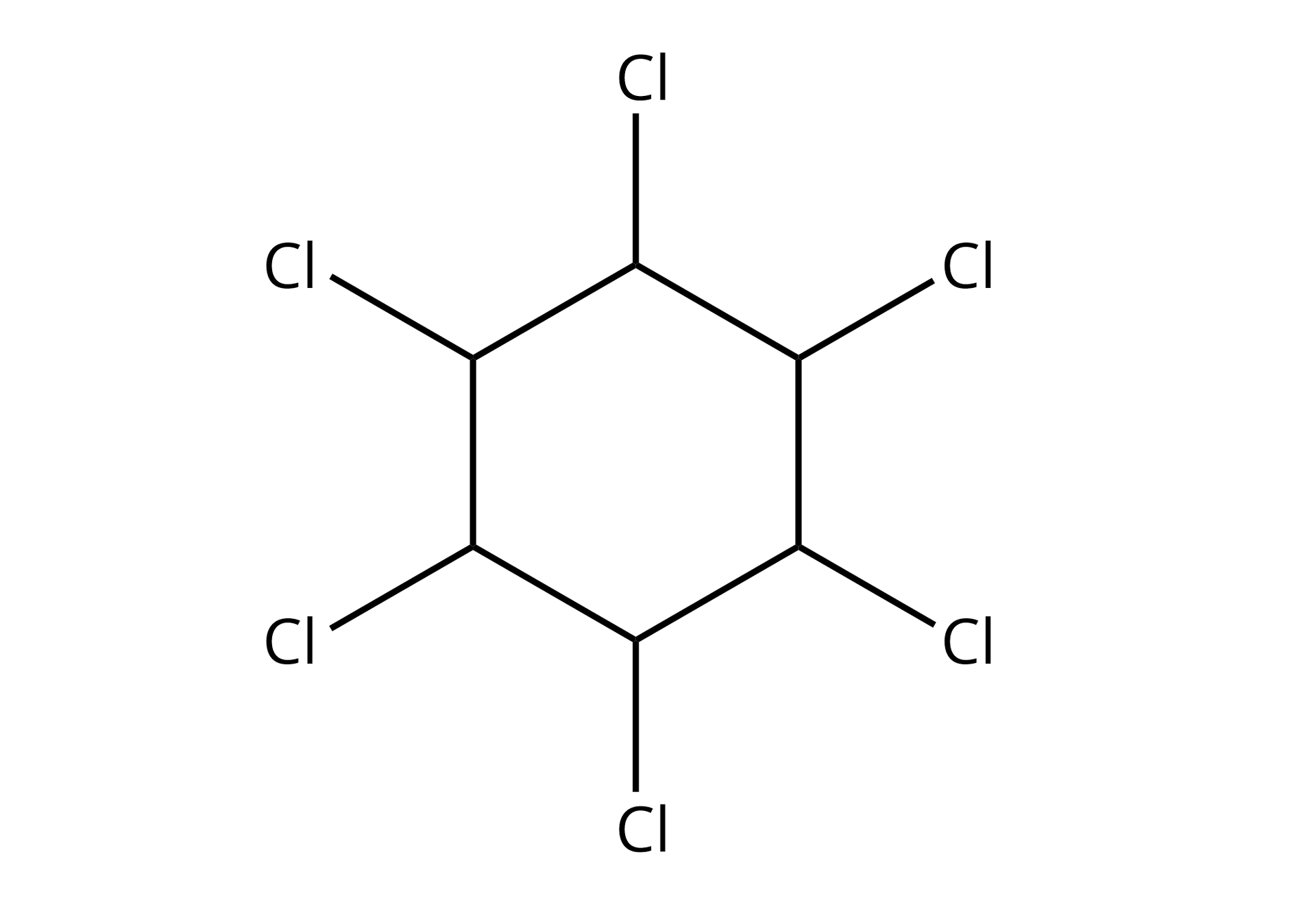 Ilustracja przedstawia sześcioczłonowy pierścień cykloheksanu, w którym występują jedynie wiązania pojedyncze. Każdy z atomów węgla ma przyłączony jeden atom chloru.
