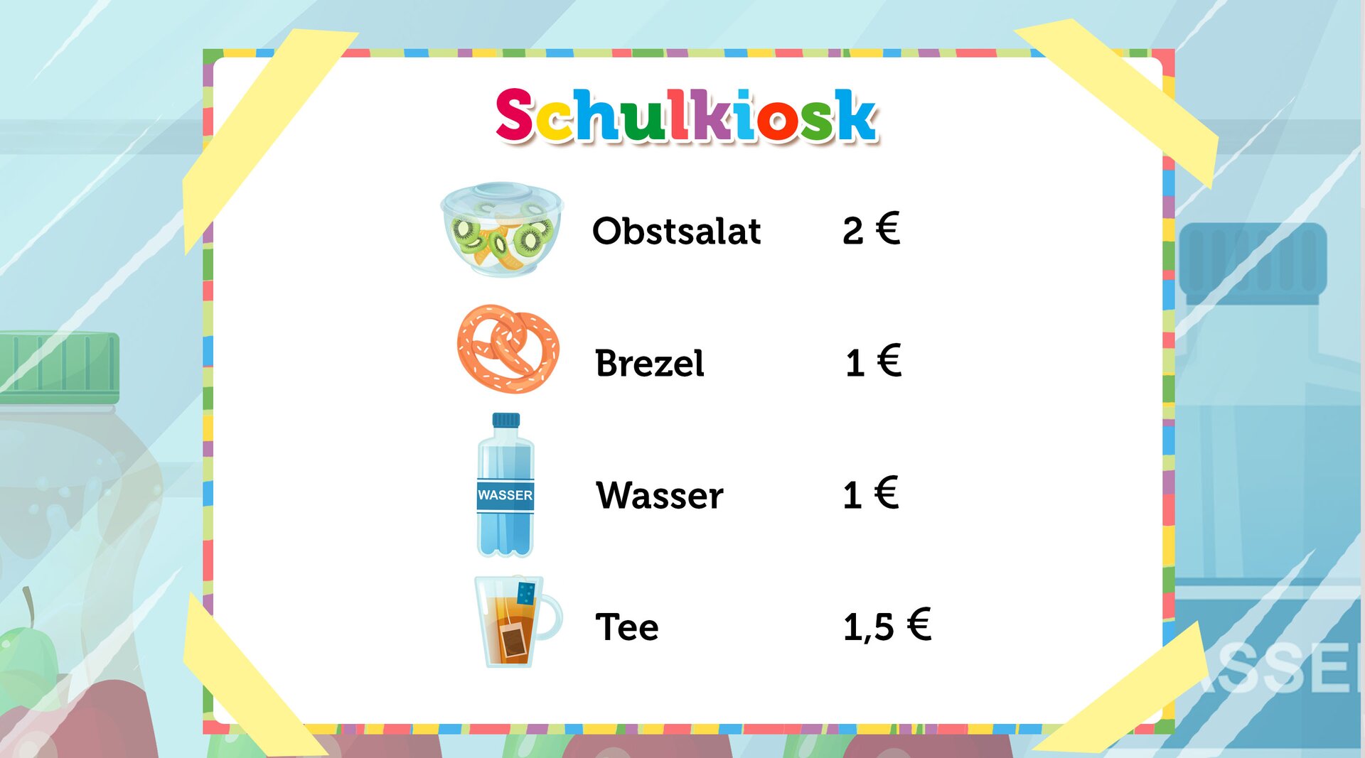 Na ilustracji ukazano menu w szkolnym sklepiku. Transkrypcja jest dostępna poniżej.