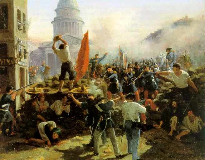 Na obrazie barykada na ulicy Soufflot we Francji w czasie Wiosny Ludów. Widz stoi za barykadą, której teraz broni tylko czterech mężczyzn, mogących używać broni. Piąty, stojący na barykadzie, heroicznym gestem rzuca kamieniem w żołnierzy, którzy szturmują barykady przez wyłom. Widz stoi na Rue Soufflot, plecami do bulwaru St‑Michel, przed oczami znajduje się Panteon. Rue St‑Jacques krzyżuje się na wysokości barykady, na którą składa się przewrócony wózek i ułożone w stos kamienie brukowe. Oddziały rządowe atakują z dziedzińca Panteonu. Oddziały rządowe oczyściły wszystkie barykady na Rive Gauche, w tym te przed Panteonem. Na barykadzie czerwony sztandar.