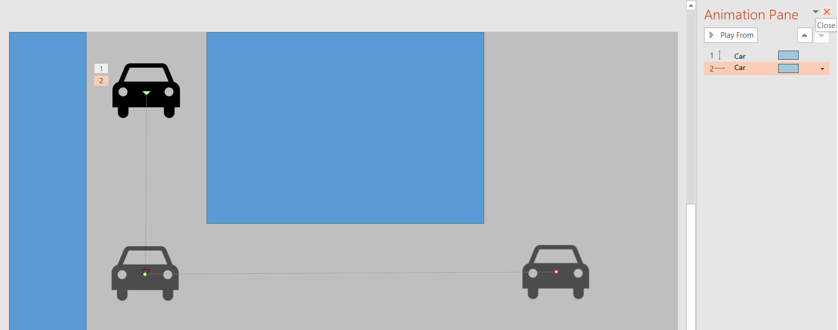 Zrzut ekranu przedstawia panel animacji w programie PowerPoint po prawej stronie. W panelu zdefiniowane są dwie ścieżki. Pierwsza pionowa w dół - animuje obiekt o nazwie Car. Druga pozioma od lewej do prawej - również animuje obiekt o nazwie Car. Obiektem Car jest grafika przedstawiająca samochód. Po lewej stronie na niebieskiej planszy zaznaczona jest kolorem szarym ulica w kształci litery U. Na górze po lewej stronie ulicy ustawiony jest samochód. Obok niego znajdują się dwa prostokąty z numerami ścieżek 1 i 2. Symbolizują przypisanie ścieżek do samochodu. Od samochodu prowadzi w dół pionowy odcinek do kolejnego identycznego samochodu. Drugi samochód jest mniej wyraźny - pokazuje miejsce, w którym znajdzie się pierwszy samochód po przemieszczeniu się w dół. Od drugiego samochodu prowadzi w prawo odcinek do kolejnego identycznego samochodu. Trzeci samochód jest również mniej wyraźny - pokazuje miejsce, w którym znajdzie się pierwszy samochód po przemieszczeniu się w dół i następnie w prawo. 