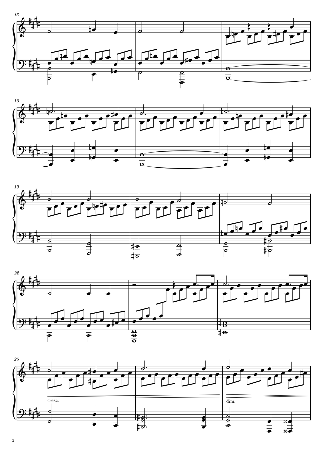 W piątej linijce partytury zapisano takty od trzynastego do piętnastego. W kluczu wiolinowym w takcie trzynastym na pierwszą miarę grana jest półnuta fis, na miarę trzecią ćwierćnuta g, a na miarę czwartą ćwierćnuta e. W takcie czternastym na pierwszą oraz trzecią miarę grane są półnuty fis. W piętnastym takcie w górnym głosie na pierwszą miarę grana jest ćwierćnuta h, na drugą oraz trzecią miarę dwie pauzy ćwierćnutowe, a na miarę czwartą ćwierćnuta h o oktawę wyżej od poprzedniej. W dolnym głosie na pierwszą miarę grana jest triola ósemkowa, złożona z dźwięków h, d oraz fis, czyli rozłożony akord h‑moll w postaci zasadniczej, na miarę drugą dokładnie takie same dźwięki, na trzecią oraz czwartą miarę dwa razy triola ósemkowa, złożona z dźwięków h, dis oraz fis, czyli akord H‑dur w postaci zasadniczej. W kluczu basowym w trzynastym takcie w górnym głosie grane są na pierwsze dwie miary dwie triole ósemkowe, złożone z dźwięków fis, h oraz d, czyli rozłożony akord h‑moll w drugim przewrocie; na miarę trzecią zapisano triolę ósemkową z dźwięków g, h oraz cis, a na miarę czwartą triolę ósemkową, złożoną z dźwięków e, h oraz cis. W niższym głosie na pierwszą miarę grana jest półnuta‑dwudźwięk, złożona z dwóch dźwięków h w oktawie, na miarę trzecią ćwierćnuta e, na czwartą miarę ćwierćnuta g. W takcie czternastym w górnym głosie na pierwsze dwie miary grane są dwie triole ósemkowe, złożone z dźwięków fis, h oraz d, czyli z rozłożonym akordem h‑moll w drugim przewrocie. Na miary trzecią oraz czwartą zapisano dwa razy triolę ósemkową, złożoną z dźwięków fis, ais oraz cis, czyli z rozłożonym akordem Fis‑dur w postaci zasadniczej. W dolnym głosie na pierwszą miarę zapisano półnutę fis, a na miarę trzecią półnutę‑dwudźwięk, złożoną z dwóch nut fis w oktawie. W takcie piętnastym w kluczu basowym na pierwszą miarę grana jest cała nuta‑dwudźwięk, złożona z dwóch nut h zagranych w oktawie i przedłużonych do kolejnego taktu.W szóstej linijce partytury zapisano takty od szesnastego do osiemnastego. W kluczu wiolinowym w takcie szesnastym w górnym głosie na pierwszą miarę grana jest półnuta z kropką c, a na miarę czwartą ćwierćnuta ais. W głosie dolnym na wszystkie miary zapisana jest triola ósemkowa, składająca się z dźwięków h, e oraz g, czyli z rozłożonym akordem e‑moll w drugim przewrocie. W takcie siedemnastym w wyższym głosie na pierwszą miarę grana jest półnuta z kropką h, a na miarę czwartą ćwierćnuta h. W głosie dolnym na wszystkie miary zapisano triolę ósemkową, złożoną z dźwięków h, dis oraz fis, czyli z rozłożonym akordem H‑dur w postaci zasadniczej. W takcie osiemnastym w górnym głosie na pierwszą miarę grana jest półnuta z kropką c, a na miarę czwartą ćwierćnuta ais. W głosie dolnym na wszystkie miary zapisana jest triola ósemkowa, składająca się z dźwięków h, e oraz g, czyli z rozłożonym akordem e‑moll w drugim przewrocie. W kluczu basowym w takcie szesnastym na pierwszą miarę zapisano ćwierćnutę‑dwudźwięk, złożoną z dwóch dźwięków h zagranych w oktawie, przy czym dwudźwięk jest przedłużony z poprzedniego taktu. Na drugą miarę zapisano ćwierćnutę‑dwudźwięk, złożoną z dwóch dźwięków e w oktawie, na miarę trzecią ćwierćnutę‑dwudźwięk, złożoną z dwóch dźwięków g w oktawie, a na miarę czwartą ponownie ćwierćnutę‑dwudźwięk, złożoną z dwóch dźwięków e w oktawie. W siedemnastym takcie grana jest cała nuta‑dwudźwięk, złożona z dwóch dźwięków h zagranych w oktawie i przedłużonych do kolejnego taktu. W takcie osiemnastym na pierwszą miarę zapisano ćwierćnutę‑dwudźwięk, złożoną z dwóch dźwięków h zagranych w oktawie, przy czym dwudźwięk jest przedłużony z poprzedniego taktu. Na drugą miarę zapisano ćwierćnutę‑dwudźwięk, złożoną z dwóch dźwięków e w oktawie, na miarę trzecią ćwierćnutę‑dwudźwięk, złożoną z dwóch dźwięków g w oktawie, a na miarę czwartą ponownie ćwierćnutę‑dwudźwięk, złożoną z dwóch dźwięków e w oktawie. W siódmej linijce partytury zapisano takty od dziewiętnastego do dwudziestego pierwszego. W kluczu wiolinowym w dziewiętnastym takcie w wyższym głosie na miary pierwszą oraz trzecią grana jest dwa razy półnuta h. W dolnym głosie na pierwsze dwie miary zapisano dwie triole ósemkowe, złożone z dźwięków h, dis oraz fis, czyli rozłożony akord H‑dur w postaci zasadniczej, a na miary trzecią oraz czwartą dwie triole ósemkowe, złożone z dźwięków h, d oraz eis, tworzącą w brzmieniu akord h zmniejszony. W takcie dwudziestym w wyższym głosie na pierwszą miarę grana jest półnuta h, a na miarę trzecią półnuta a. W niższym głosie na pierwsze dwie miary zapisano dwie triole ósemkowe, złożone z dźwięków h, cis oraz gis, a na miary trzecią oraz czwartą dwie triole ósemkowe, złożone z dźwięków a, cis oraz fis, czyli z rozłożonym akordem fis‑moll w pierwszym przewrocie. W takcie dwudziestym pierwszym na pierwszą miarę grana jest półnuta g, a na miarę trzecią półnuta fis. W kluczu basowym w dziewiętnastym takcie na pierwszą miarę zapisano półnutę‑dwudźwięk, złożoną z dźwięku h w oktawie, a na miarę trzecią ponownie półnutę‑dwudźwięk, tym razem z dźwiękiem gis zagranym w oktawie. W dwudziestym takcie na pierwszą miarę zapisano półnutę‑dwudźwięk, złożoną z dźwięku eis w oktawie, a na miarę trzecią ponownie półnutę‑dwudźwięk, tym razem z dźwiękiem fis zagranym w oktawie. W takcie dwudziestym pierwszym w górnym głosie na pierwsze dwie miary zapisano po trioli ósemkowej, złożonej z dźwięków g, h oraz d, czyli z rozłożonym akordem G‑dur w postaci zasadniczej, a na miary trzecią oraz czwartą po trioli ósemkowej złożonej z dźwięków fis, a oraz dis, czyli akordem dis zmniejszonym w pierwszym przewrocie. W niższym głosie na pierwszą miarę zapisano półnutę‑dwudźwięk, złożoną z dźwięków h oraz gis, a na miarę trzecią półnutę‑dwudźwięk, złożoną z dźwięków his w oktawie. W linijce ósmej zapisano takty od dwudziestego drugiego do dwudziestego czwartego. W kluczu wiolinowym w takcie dwudziestym drugim na pierwszą miarę grana jest półnuta cis, a na miary trzecią oraz czwartą po ćwierćnucie cis. W dwudziestym trzecim takcie w górnym głosie na pierwszą miarę zapisano pauzę półnutową, na miarę trzecią – pauzę ćwierćnutową, a na czwartą miarę ósemkę z kropką cis, a dalej szesnastkę cis. W dolnym głosie część dźwięków jest przeniesiona do klucza basowego, ale dla porządku są zapisane tutaj; na pierwszą miarę grana jest triola ósemkowa, złożona z dźwięków fis, a oraz cis, czyli akord fis‑moll w postaci zasadniczej. Na drugą miarę grana jest triola ósemkowa z dźwięków a, cis oraz fis, czyli ponownie fis‑moll, tym razem w pierwszym przewrocie. Na miary trzecią oraz czwartą zapisano dwa razy triolę ósemkową z dźwięków cis, fis oraz a, czyli jeszcze raz fis‑moll, tym razem w drugim przewrocie. W takcie dwudziestym czwartym na pierwszą miarę w górnym głosie grana jest półnuta z kropką cis, a na miarę czwartą ósemka cis, a dalej szesnastka cis. W dolnym głosie zapisano cztery razy triolę ósemkową, na każdą z miar, złożoną z dźwięków cis, gis oraz h. W kluczu basowym w takcie dwudziestym drugim w górnym głosie na pierwsze dwie miary grane są dwie triole ósemkowe, złożone z dźwięków cis, fis oraz a, czyli z rozłożonym akordem fis‑moll w drugim przewrocie; na trzecią miarę zapisano triolę ósemkową, złożoną z dźwięków cis, fis oraz e, a na miarę czwartą triolę ósemkową z dźwięków cis, eis oraz fis, czyli akord Cis‑dur w postaci zasadniczej. W niższym głosie na pierwszą oraz trzecią miarę zapisano po półnucie cis. W takcie dwudziestym trzecim na pierwszą miarę zapisano całą nutę‑trójdźwięk, złożoną z nut fis, cis oraz ponownie fis o oktawę wyżej. W takcie dwudziestym czwartym na pierwszą miarę zapisano całą nutę‑trójdźwięk, złożoną z nut eis, cis oraz ponownie eis o oktawę wyżej. W dziewiątej linijce partytury zapisane są takty od dwudziestego piątego do dwudziestego siódmego. W kluczu wiolinowym w takcie dwudziestym piątym w górnym głosie na pierwsze dwie miary grana jest półnuta cis, na miarę trzecią ćwierćnuta his, natomiast na miarę czwartą ponownie ćwierćnuta cis. W niższym głosie na pierwsze dwie miary grane są dwa razy triole ósemkowe cis‑fis‑a, czyli z rozłożonym akordem fis‑moll w drugim przewrocie; na miarę trzecią zapisano triolę ósemkową, złożoną z dźwięków his, fis oraz a, czyli z akordem zmniejszonym fis, a na miarę czwartą ponownie triolę ósemkową z układem cis, fis oraz a, czyli z akordem fis‑moll w drugim przewrocie. W dwudziestym szóstym takcie w kluczu wiolinowym w górnym głosie na pierwsze trzy miary grana jest półnuta z kropką dis, a na miarę czwartą ćwierćnuta dis. W niższym głosie na każdą miarę zapisano po trioli ósemkowej, złożonej z dźwięków dis, fis oraz gis. W takcie dwudziestym siódmym w kluczu wiolinowym w górnym głosie na pierwsze dwie miary grana jest półnuta e, na miarę trzecią ćwierćnuta dis, natomiast na miarę czwartą ćwierćnuta cis. W głosie dolnym na pierwsze dwie miary grane są dwie triole ósemkowe, złożone z dźwięków e, gis oraz cis, czyli z rozłożonym akordem cis‑moll w pierwszym przewrocie. Na miarę trzecią zapisano triolę ósemkową, złożoną z nut dis, fis oraz a, czyli akord zmniejszony dis. Na miarę czwartą grana jest triola ósemkowa, złożona z nut cis, e oraz ais, czyli akord zmniejszony ais. W kluczu basowym w takcie dwudziestym piątym na pierwsze dwie miary zapisano półnutę‑oktawę, złożoną z dwóch dźwięków fis; na trzecią miarę grana jest ćwierćnuta‑oktawa dis, natomiast na miarę czwartą ćwierćnuta‑oktawa cis. Od początku taktu dwudziestego piątego rozpoczyna się crescendo [czytaj: kreszendo], które trwa do końca taktu dwudziestego szóstego. W takcie dwudziestym szóstym w kluczu basowym na pierwsze trzy miary grany jest trójdźwięk‑półnuta z kropką, złożony z nut his, gis oraz his oktawę wyżej. Na miarę czwartą zapisano taki sam trójdźwięk jako ćwierćnutę. W dwudziestym siódmym takcie na pierwsze dwie miary grana jest półnuta‑trójdźwięk, składająca się z nut cis, gis oraz cis. Na miarę trzecią zapisano ćwierćnutę‑oktawę z dwóch dźwięków fis, natomiast na miarę czwartą ponownie ćwierćnutę‑oktawę, tym razem z dźwiękami fisis. W takcie dwudziestym siódmym zapisano diminuendo, które trwa przez wszystkie miary.