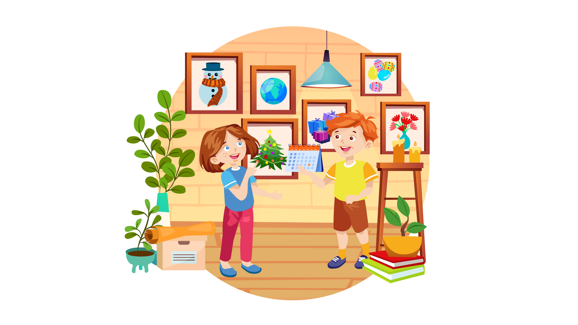 Ilustracja przedstawia pomieszczenie w domu Franka i Mai. W tle widać jasnopomarańczową ścianę, na której wisi sześć obrazków w brązowych ramkach. Pierwszy przedstawia bałwana z granatowym kapeluszem i pomarańczowym szalikiem w paski. Drugi przedstawia kulę ziemską. Lądy są zielone, a wody niebieskie. Trzeci przedstawia choinkę z kolorowymi bombkami, światełkami i gwiazdą na czubku. Czwarty przedstawia cztery kolorowe prezenty przewiązane wstążkami. Piąty przedstawia pięć kolorowych pisanek. Szósty przedstawia siedem czerwonych kwiatów w turkusowym wazonie. Po lewej stronie ilustracji stoją na drewnianej podłodze trzy gałązki z zielonymi listkami w wysokim wazonie w biało‑turkusowe pasy. Obok jest niewielka zielona roślina w zielonej donicy, a także beżowe pudełko z pokrywką, na której leży rulon pomarańczowego papieru. Po prawej stronie ilustracji znajduje się wysoki brązowy stołek, na którym stoją dwie zapalone świece w kolorze pomarańczowym. Obok stołka leżą dwie książki ułożone jedna na drugiej, a na nich jest zielona roślina w pomarańczowej donicy. Na środku pomieszczenia stoją uśmiechnięci Maja i Franek. Maja patrzy na obrazki wiszące na ścianie i palcem wskazuje choinkę. Franek w prawej ręce trzyma kołowy kalendarz biurkowy i patrzy na Maję.