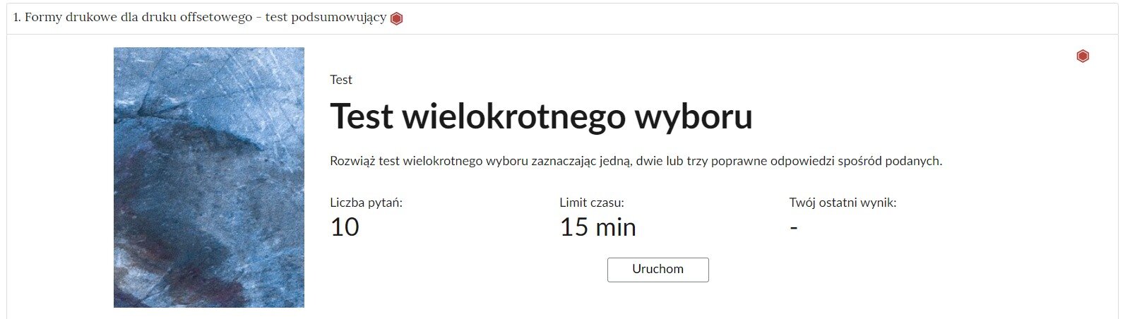 Grafika przedstawia widok pojedynczego zadania z interaktywnego materiału sprawdzającego, na prawo od nazwy zadania widnieje ikonka informująca o poziomie trudności zadania.