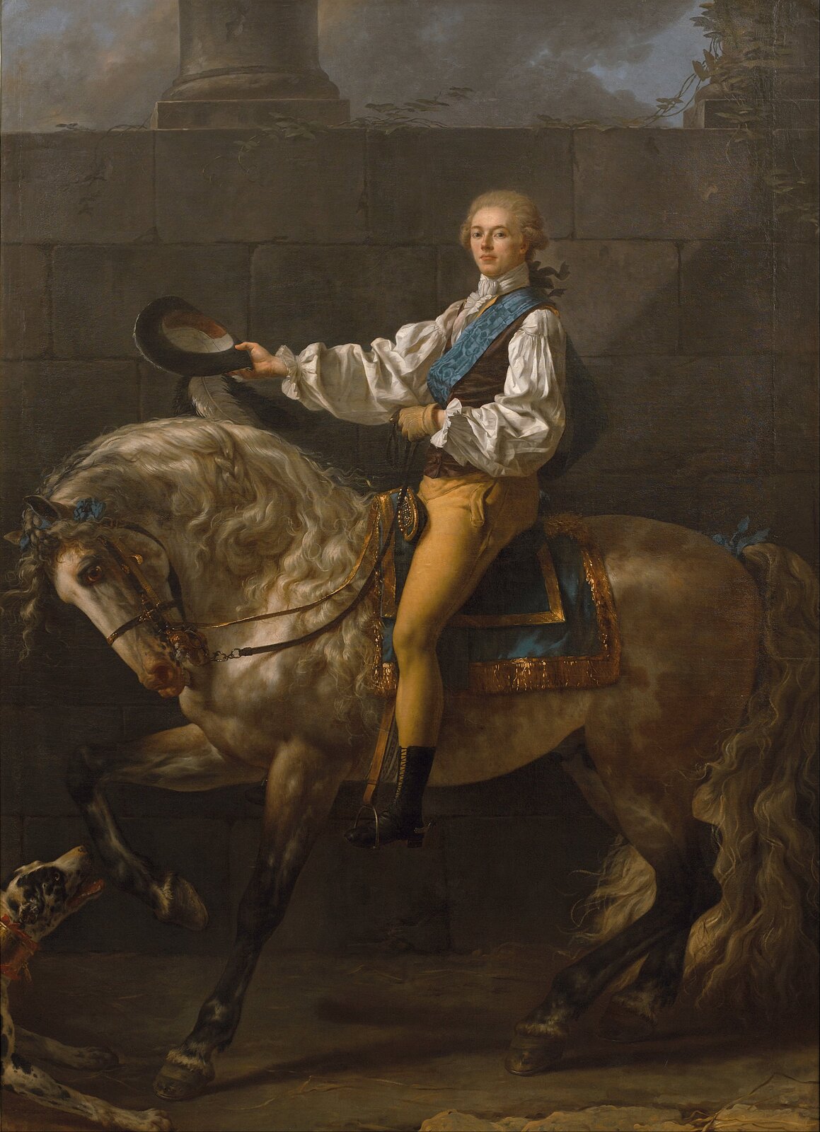 Ilustracja o kształcie pionowego prostokąta przedstawia obraz Jacquesa Louisa Davida „Portret konny Stanisława Kostki Potockiego”. Ukazuje  hrabiego w uroczystym stroju na koniu. Potocki ma na głowie perukę w jasnym kolorze. Jedną ręką trzyma lejce, drugą wyprostowaną nad szyją konia, kapelusz ozdobiony trzema piórami. Jest ubrany w koszulę o szerokich rękawach z mankietami ozdobionymi falbanką oraz kamizelkę. Pod szyją ma żabot. Przez lewe ramię hrabia przełożył szarfę Orderu Orła Białego. Koń prawą nogę unosi do góry, bawiąc się z psem. Tłem jest mur z ciosów kamiennych, na którym stoi kolumna. Za nim widać fragment pejzażu z ciemnym niebem. 