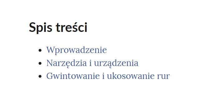 Grafika przedstawia interaktywny spis treści w formie klikalnej listy.