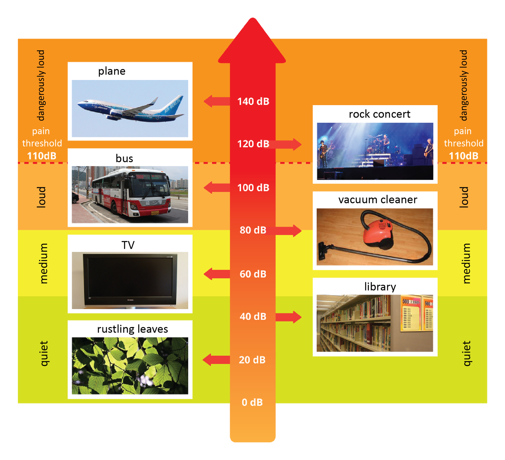 Ilustracja pokazuje przykłady głośności dźwięku. Szum liści rustling leaves. opis: dwadzieścia dB (quiet), biblioteka library. opis: czterdzieści dB (quiet), telewizor TV. opis: sześćdziesiąt dB (medium), odkurzacz vacuum cleaner. opis: osiemdziesiąt dB (loud), autobus bus. opis: sto dB (loud), widoczna czerwona przerywana linia. opis: sto dziesięć dB (pain threshold), następnie powyżej, koncert rockowy rock concert. opis: sto dwadzieścia dB (dangerously loud), samolot plane. opis: sto czterdzieści dB (dangerously loud). 