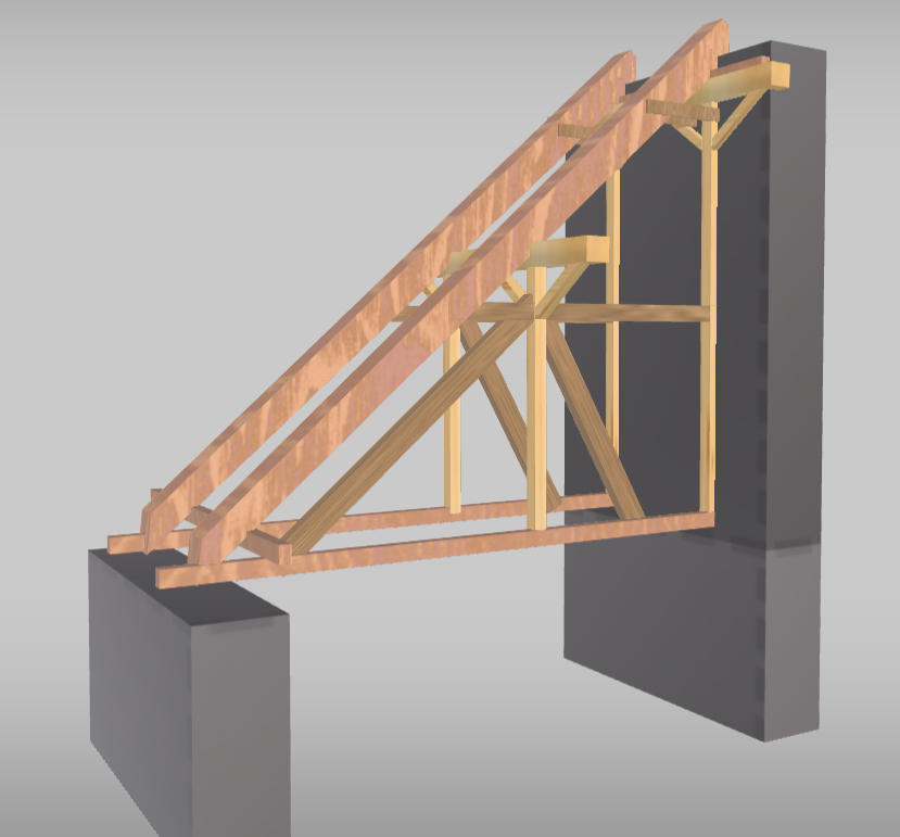 Grafika przedstawia wiązary wieszarowe. Widoczny jest model połowy konstrukcji dachu, z dwoma krokwiami, które dotykają prostopadłościennego szarego elementu symbolizującego ścianę. Od górnej ich części wychodzą dwie pionowe belki – słupy. Każdy z nich jest u góry zakończony krótką poziomą belką (płatew), od której odchodzą dwie krótkie belki tworząc literę V. W dolnej części słupy przechodzą w belki usytuowane pod katem prostym do nich, które dochodzą so nasady krokwi, w dolnej części wsparte na prostopadłościennym elemencie obrazującym ścianę. 

Opisy obiektów prezentowanych na grafikach są załączone w treści słownika.