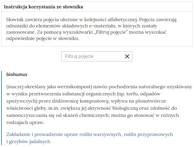 Widok na górną część słownika z polem filtrowania haseł słownika
