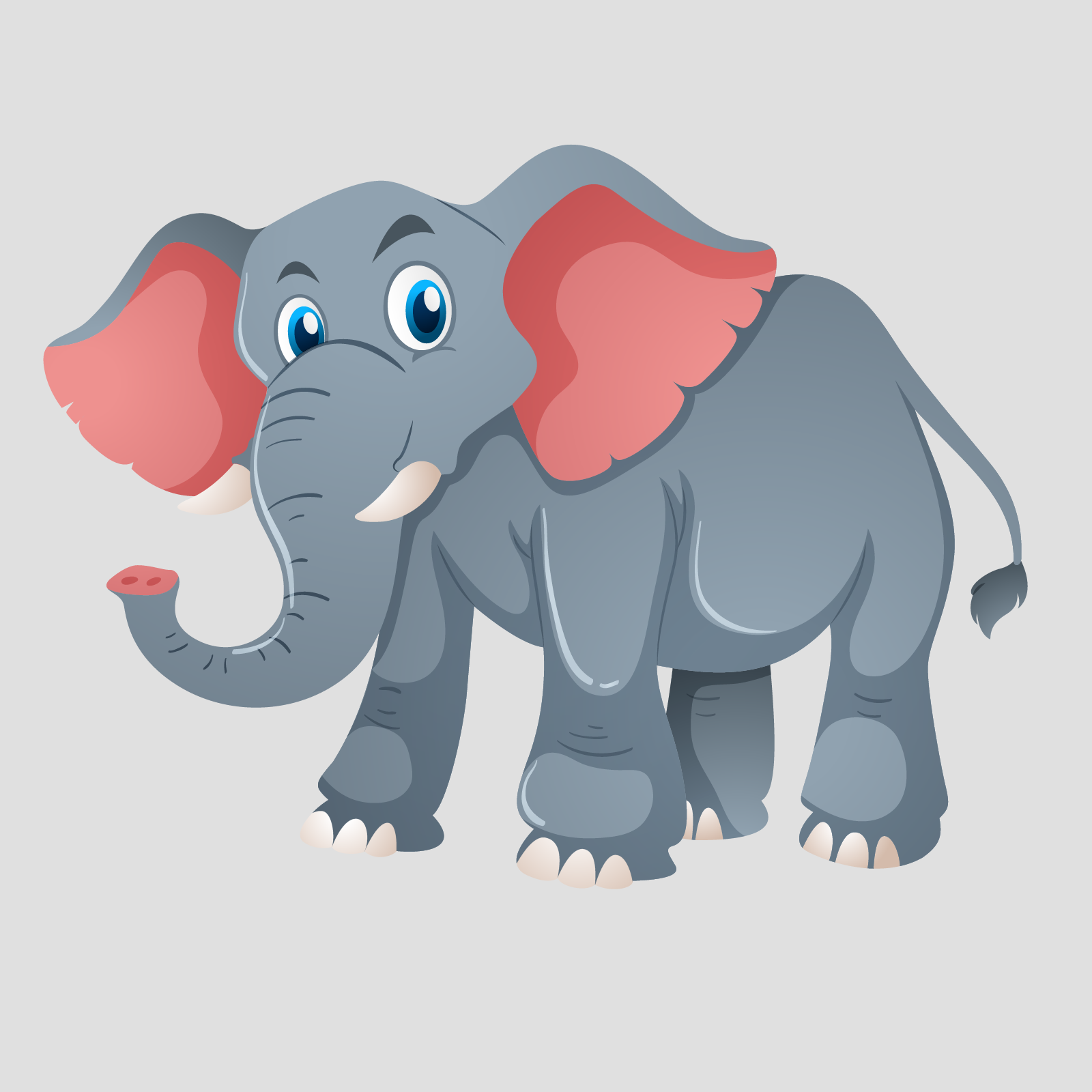 Ilustracja przestawia słonia, z dużymi różowymi uszami, długa trąbą oraz małymi kłami.