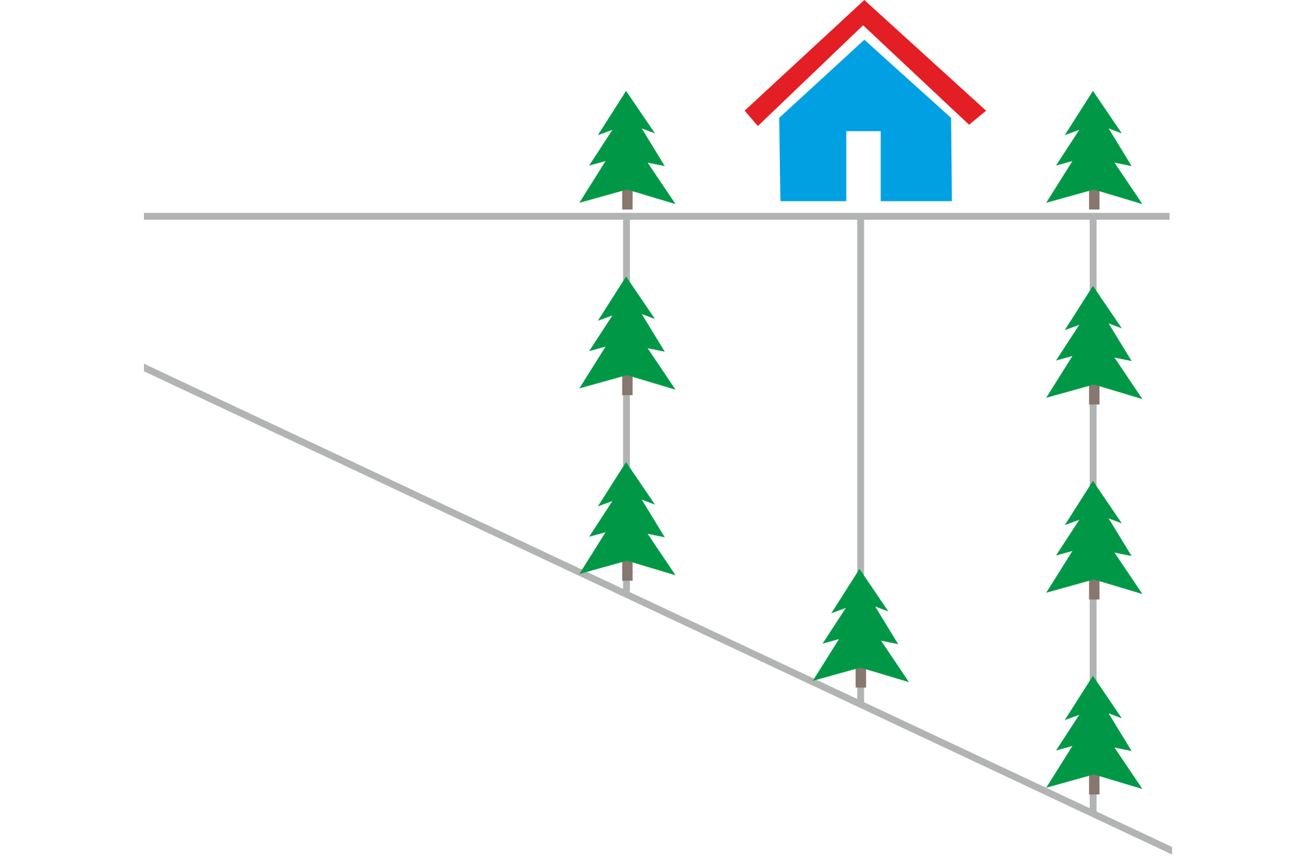 Grafika przedstawia dwie nieprzecinające proste z czego jedna jest pozioma, a druga ukośna. Proste połączone są trzema pionowymi odcinkami. Przy pierwszym odcinku leżą trzy choinki. Przy drugim na jednym końcu domek, a na drugim choinka. Przy trzecim leżą cztery choinki.