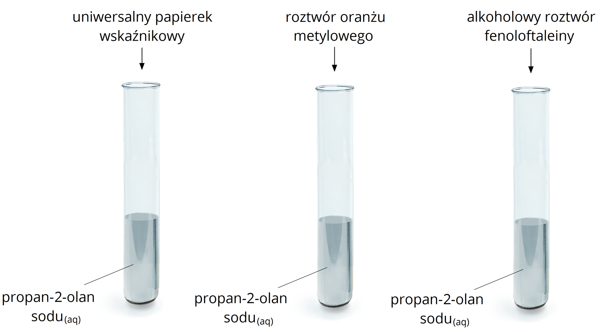 Ilustracja przedstawiająca trzy probówki. W wszystkich znajduje się wodny roztwór propan‑2-olanu sodu. Do wnętrza każdej probówki skierowana jest strzałka. Nad pierwszą probówką z uniwersalnym papierkiem wskaźnikowym, nad drugą roztwór oranżu metylowego, a nad trzecią alkoholowy roztwór fenoloftaleiny.