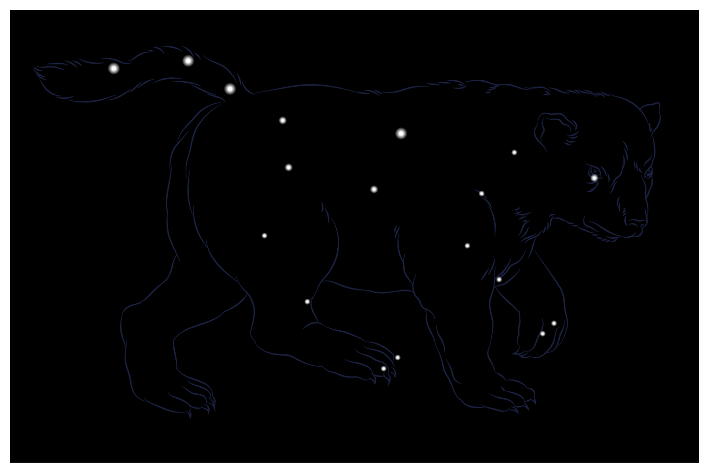 Ilustracja pokazuje gwiazdozbiór Wielkiej Niedźwiedzicy. Na czarnym tle widoczne białe punkty różnej wielkości. Punkty obrysowane są niebieską linią na kształt niedźwiedzia.