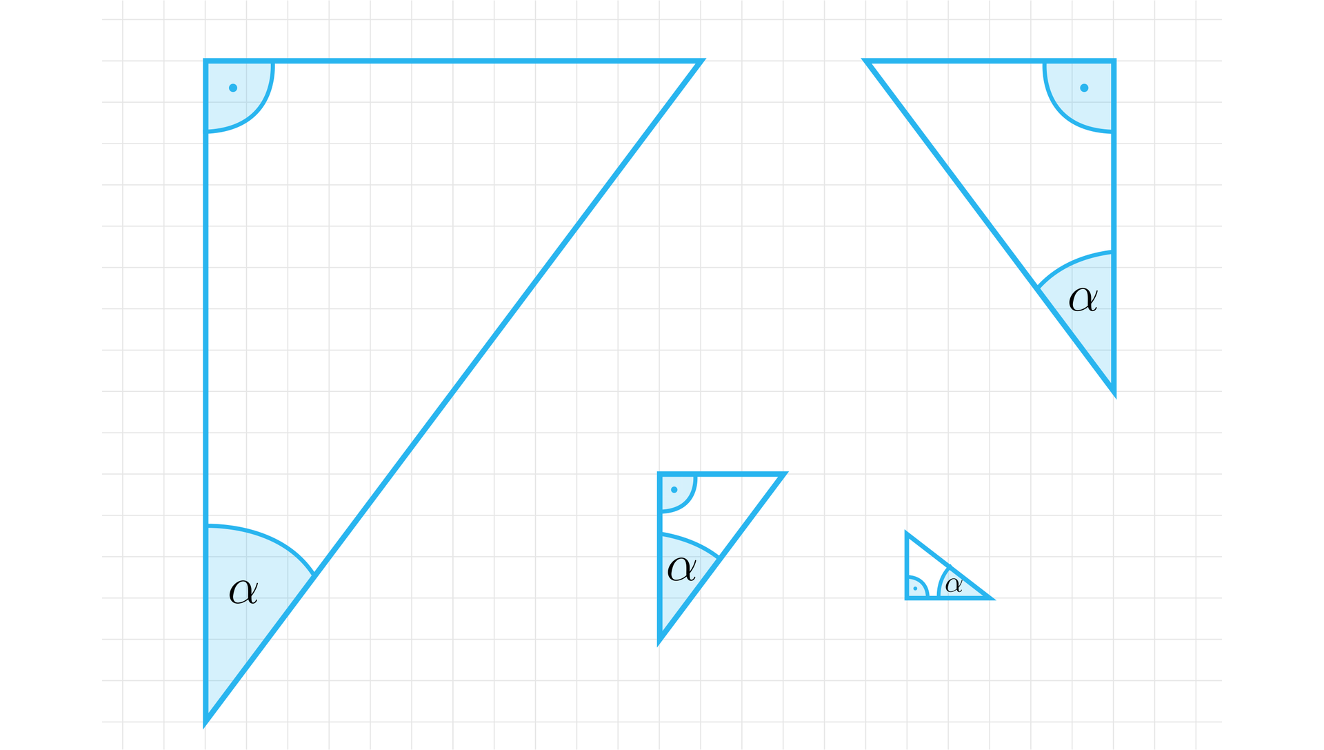 Ilustracja przedstawia cztery różne trójkąty prostokątne w różnym położeniu. W każdym trójkącie oznaczono kąt prosty i kąt alfa.