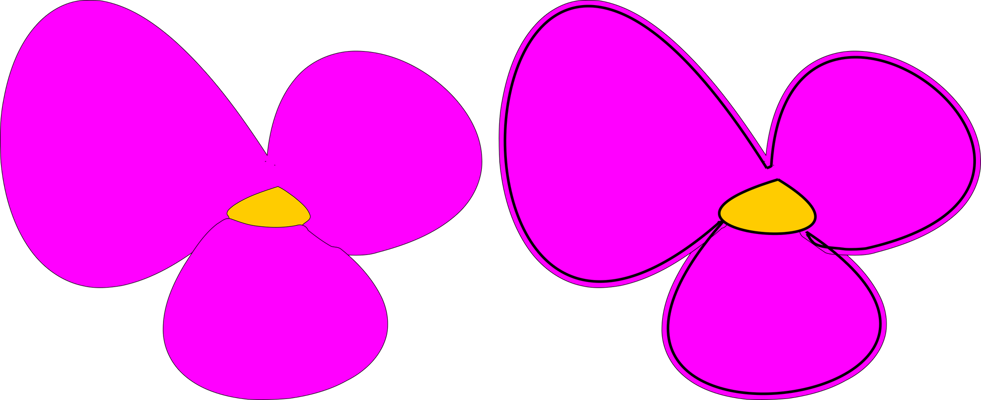 Ilustracja przedstawia dwa rysunki kwiatów. Pierwszy rysunek przedstawia kwiat o żółtym środku i różowych płatkach, kontur tego obrazka jest praktycznie niewidoczny. Drugi rysunek przedstawia taki sam kwiat, jednak w tym przypadku kontur jest widoczny, przy czym kolor płatków wychodzi poza ich obrys.