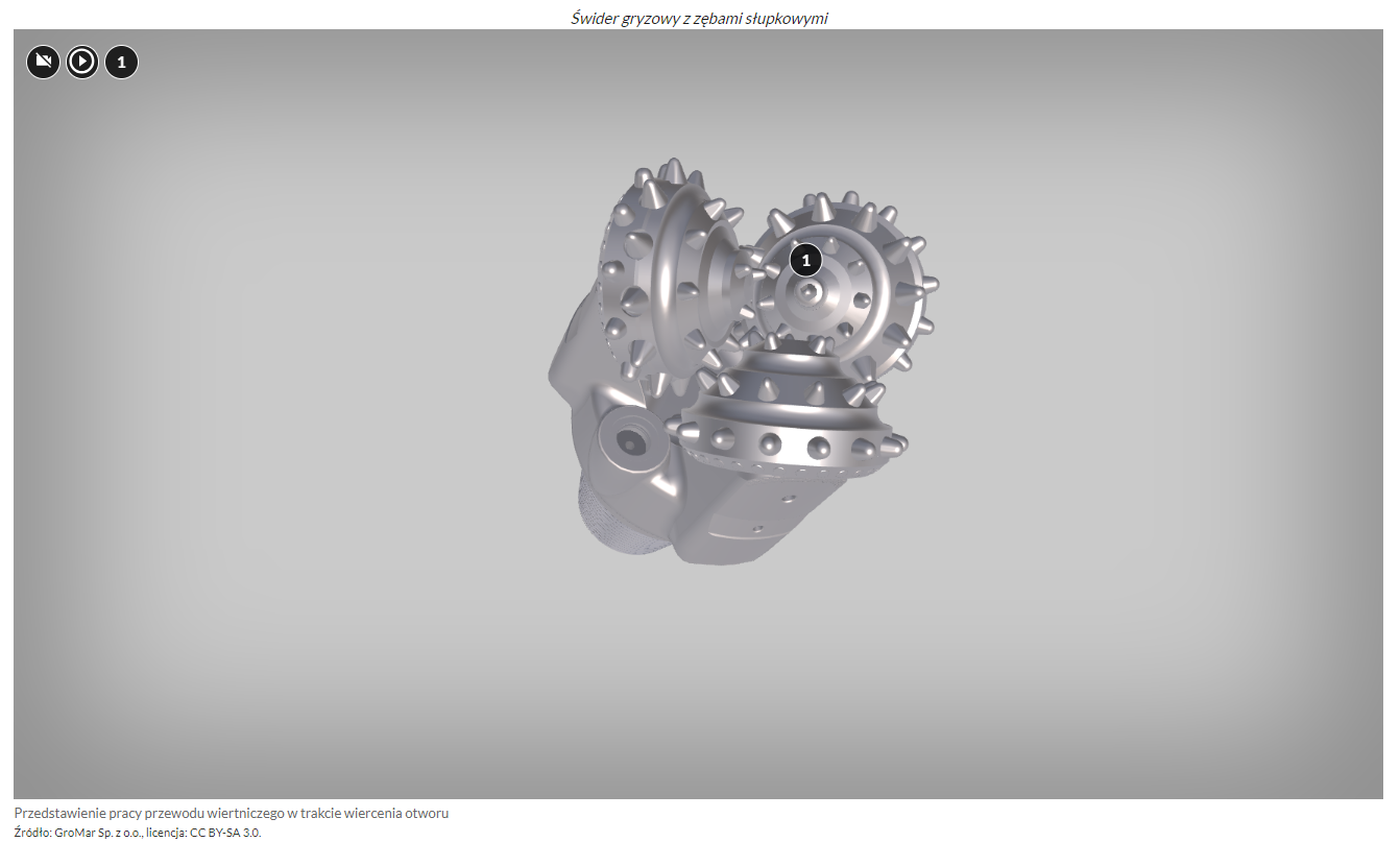Na zdjęciu przedstawiono przykładowy ekran wizualizacji wygenerowanego modelu. Widoczny model przedstawia świder gryzowy z zębami słupkowymi. Świder zbudowany jest z trzech łap. Na końcu łap znajdują się trzy stożkowe głowice. Na całej objętości stożkowych głowic widoczne są zęby. Zęby są o kształcie słupków. Kształt słupków zbliżony jest do trójkątów.Na poszczególnych fragmentach modelu znajdują się cyfry wpisane w okrąg. Są to punkty interaktywne. Na modelu widoczny jest jeden punkt interaktywny.W górnej części zdjęcia znajdują się symbole przedstawiające: kamerę, trójkąt wpisany w okrąg oraz punktu interaktywnego z cyfrą jeden. 