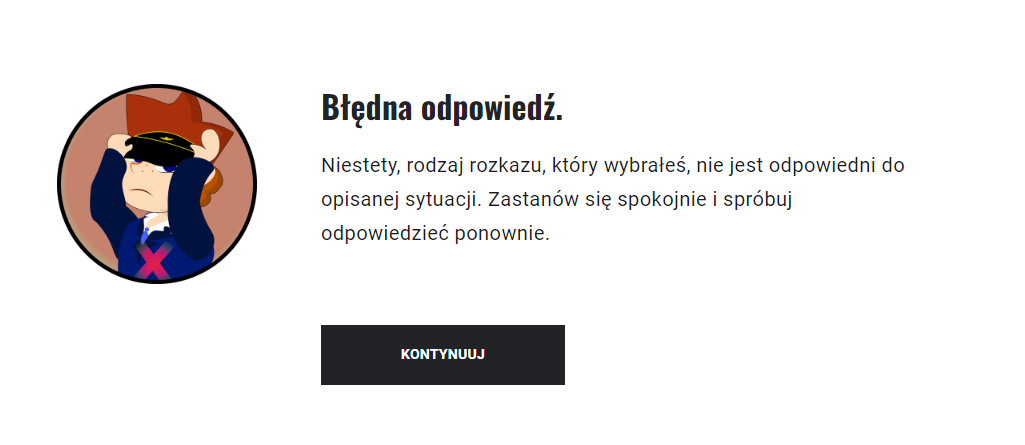 Ekran przedstawiający negatywną informację zwrotną