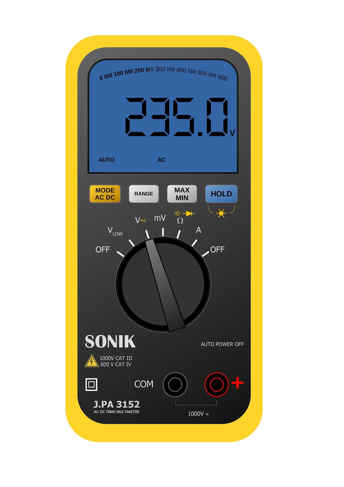 Ilustracja przedstawia aperomierz, na wyświetlaczu aperomierza znajduję się liczba 235 volt. Powyżej napis od 0 do 600, co 100 każda liczba oddzielona jest pięcioma pionowymi kreskami. Pod liczbą znajduję się napis auto oraz a ce. Pod wyświetlaczem znajdują się cztery przyciski. Pierwszy żółty mode ac dc, biały range, biały max min oraz niebieski Hold. Poniżej znajduję się pokrętło, które jest ustawione na pozycji V z falowaną kreską. Pod pokrętłęm znajduję się nazwa aperomierza Sonik, napis auto power off oraz żółty trójkąt z czarna obramówką w środku trójkąta znajduję się błyskawica. Obok dwa wejścia na kable czarne i czerwone.