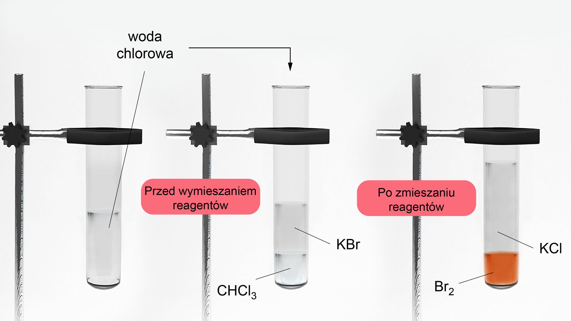 Ilustracja przedstawia trzy szklane probówki umocowane do statywów. W pierwszej z nich znajduje się bezbarwna woda chlorowa. Obok znajduje się zapis: przed wymieszaniem reagentów. W kolejnej probówce jest    C H C l   3    chloroform i roztwór KBr, występują dwie fazy. Nad probówką znajduje się strzałka opisana: woda chlorowa. Obok znajduje się zapis: po zmieszaniu reagentów. W kolejnej probówce znajdują się dwie fazy różniące się kolorem: dolna ma kolor brązowy i jest opisana    B r   2   . Górna jest bezbarwna i opisana KCl.
