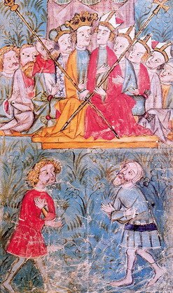 Ilustracja składa się z dwóch części. W części górnej znajduje się rada królewska Kazimierza Wielkiego. Na środku z lewej strony siedzi król trzymający długą laskę a z prawej przedstawiciel duchowny trzymający laskę zakończona krzyżem. Za nim w rzędzie siedzą inni duchowni. Natomiast w rzędzie za królem siedzą mężczyźni bez nakryć głowy. W części dolnej znajdują się dwie osoby. Idą one w swoją stronę z założonymi rękami.