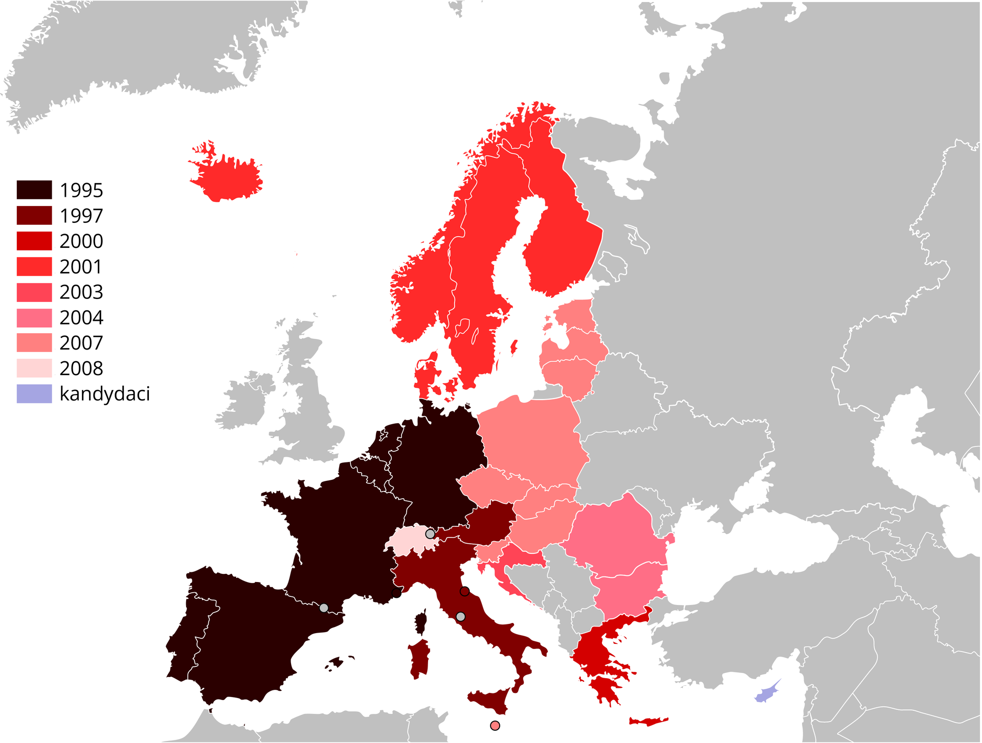 Mapa polityczna Europy przedstawiająca kraje członkowskie strefy Schengen. Różnymi kolorami oznaczono daty przystąpienia. 1995 – Portugalia, Hiszpania, Francja, Holandia, Belgia, Luksemburg, Niemcy, Monako. 1997 – Włochy, Austria, San Marino, Watykan. 2000 – Grecja. 2001 – Dania, Finlandia, Islandia, Norwegia, Szwecja. 2007 – Czechy, Estonia, Litwa, Łotwa, Malta, Polska, Słowacja, Słowenia, Węgry. 2008 – Szwajcaria. Kandydaci – Bułgaria, Rumunia, Chorwacja, Cypr.