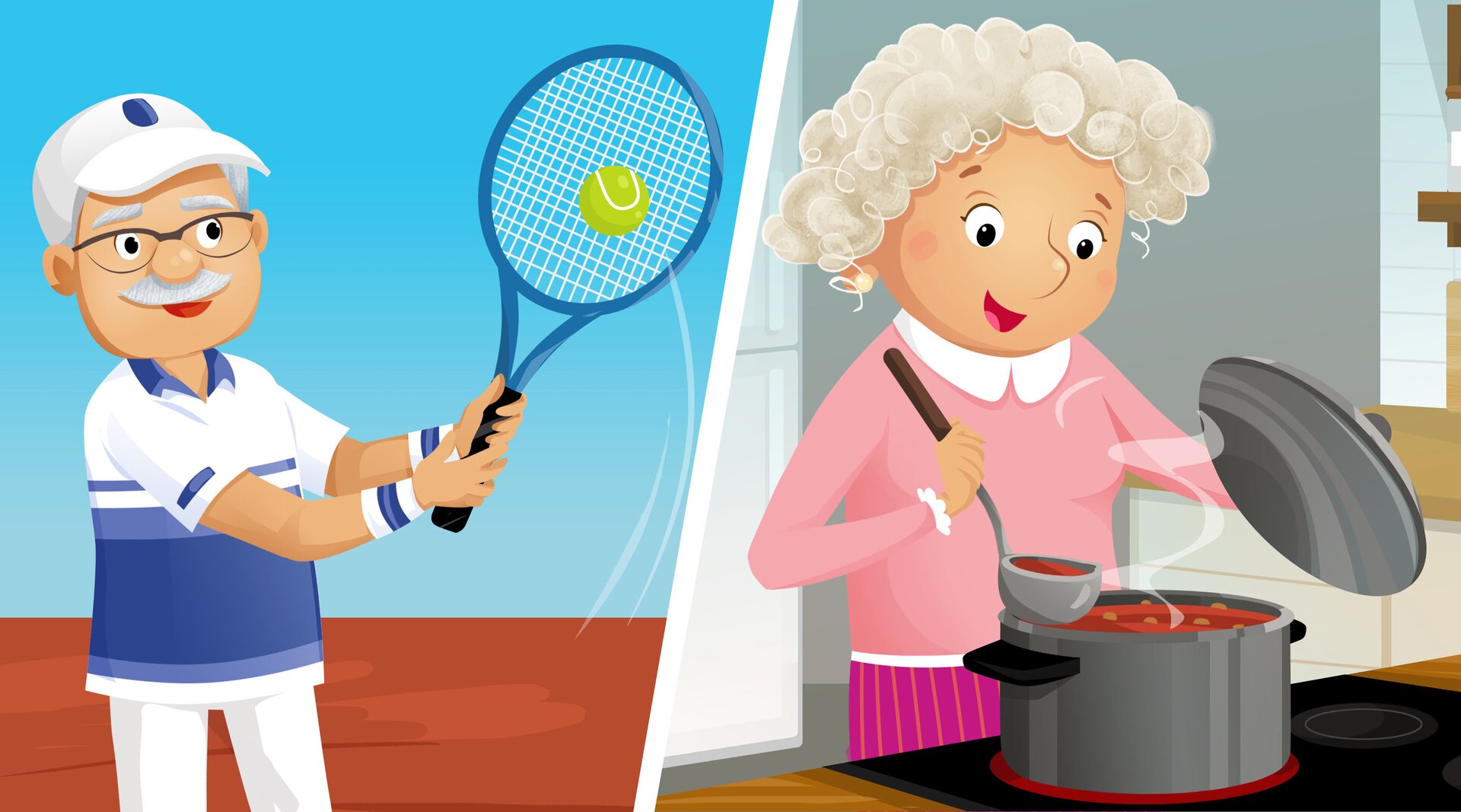 Ilustracja przedstawia dziadków. Dziadek gra w tenisa a babcia gotuje.