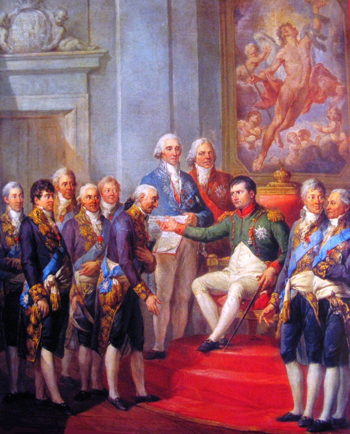 Na obrazie przedstawiono oficjalne spotkanie rozgrywające się w komnacie pałacu. Uczestniczy w nim jedenastu mężczyzn. W centralnej części, na podwyższeniu, na krześle przypominającym tron siedzi mężczyzna z wyciągniętą prawą dłonią ku jednemu z dostojników. Człowiek ma na sobie francuski strój z XVIII wieku (białe, dopasowane spodnie, biała kamizelka, zielona krótka kurtka mundurowa z dużą czerwoną stójką). Lewą rękę podpiera na lasce. Przed nim stoi kilku mężczyzn ubranych we fioletowe zdobione fraki i granatowe spodnie do kolan. Jeden z mężczyzn trzyma dokument w obwolucie. Na ścianie na wprost wisi obraz.