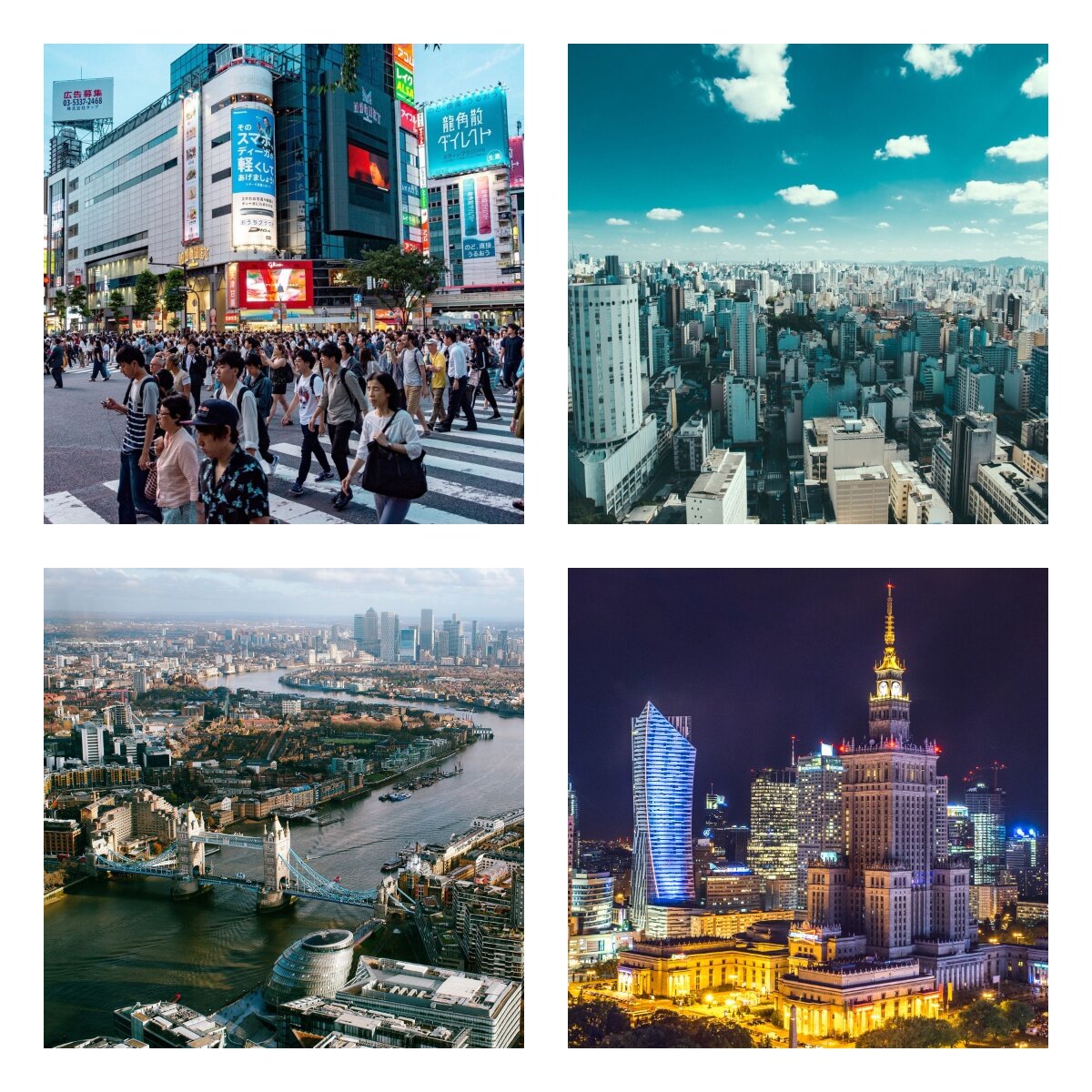 Ilustracja składa się z czterech zdjęć, na których są przedstawione różne aglomeracje miejskie. Na zdjęciu u góry po lewej stronie widoczna jest ulica z przejściami dla pieszych. Po ulicy i przejściach przechodzi tłum przechodniów. W tle są widoczne wysokie budynki, na których znajdują się bilbordy oraz reklamy świetlne. Na zdjęciu u góry po prawej stronie są widoczne z lotu ptaka gęsto rozmieszczone budynki o różnych formach architektonicznych oraz o różnej wysokości. Wiele z budynków to wieżowce. Na horyzoncie po prawej stronie widoczne jest pasmo wzniesień. Powyżej widoczne jest niebieskie niebo z pojedynczymi białymi obłokami. Na zdjęciu u dołu po lewej stronie jest widoczne miasto z lotu ptaka, przez które przepływa wijąca się rzeka. Na pierwszym planie jest widoczny most na rzece oraz nowoczesne i zabytkowe budowle znajdujące się po obu stronach rzeki. Na zdjęciu u dołu po prawej stronie jest przedstawiony fragment architektury miejskiej widzianej w nocy, z podświetlonymi wysokimi budowlami. Na pierwszym planie widoczny jest wysoki budynek z wieżą, z czterema prostopadłościennymi występami na czterech narożnikach, stojący na rozłożystej podstawie.