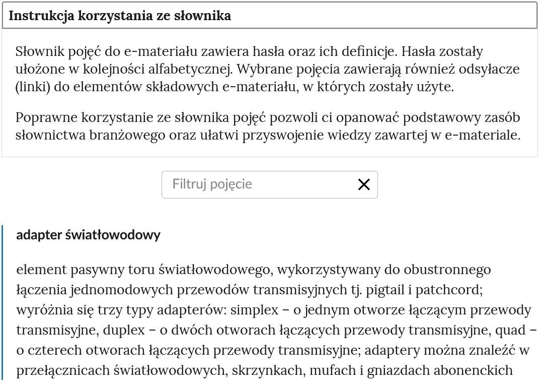 Ilustracja przedstawia widok na górną część słownika. Na górze znajduje się rozwinięty panel z instrukcją. Poniżej widać pole do filtrowania pojęć. Dalej znajduje się hasło wraz z definicją.