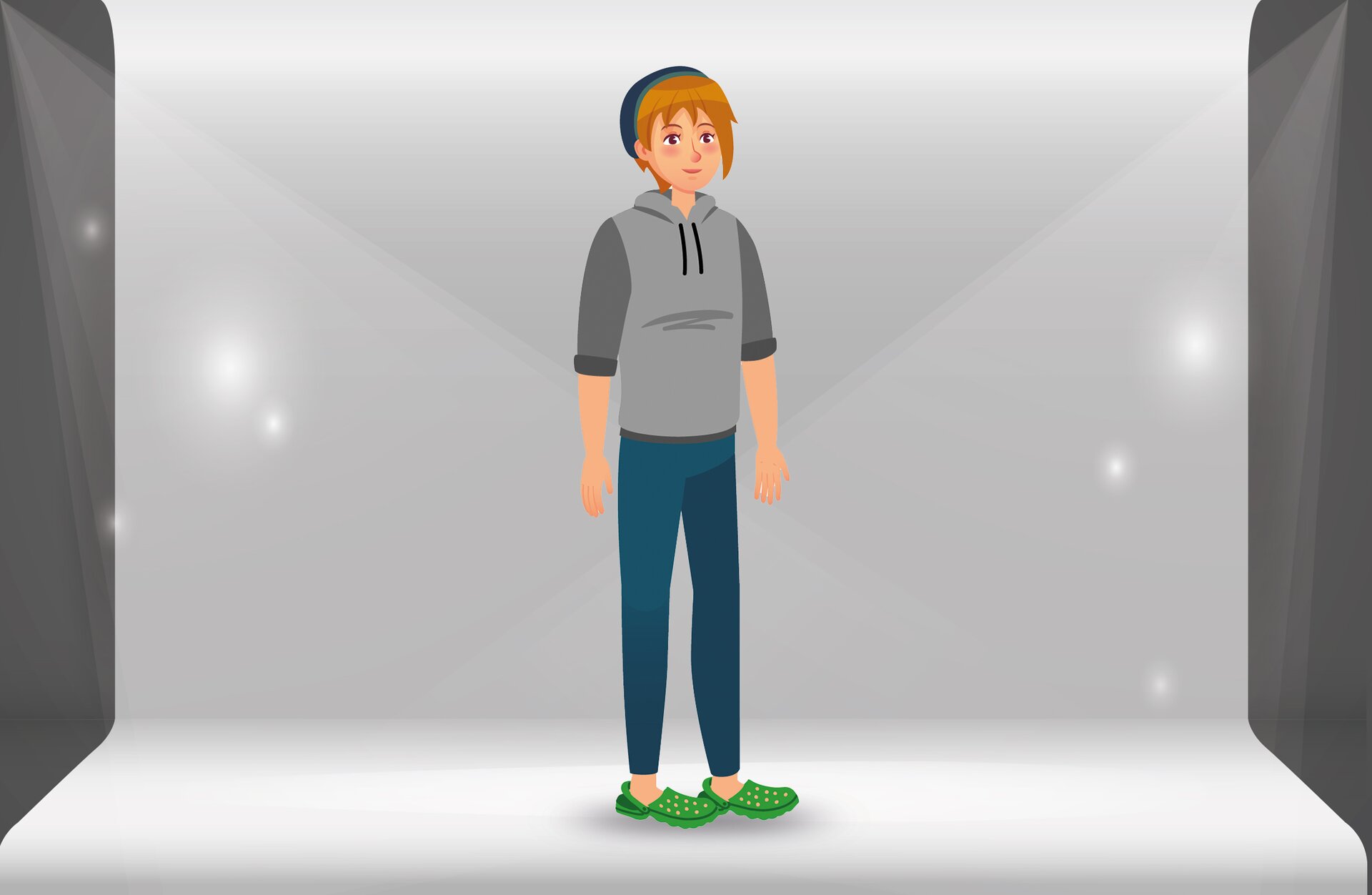 Grafika przedstawia stojącego nastolatka, zwróconego lekko w prawo, z rękami opuszczonymi wzdłuż tułowia. Ubrany jest w niebieskie spodnie, szarą bluzę dresową z kapturem, zielone crocsy, a na głowie ma czapkę. Ma brązowe, krótkie włosy, z dłuższą grzywką.